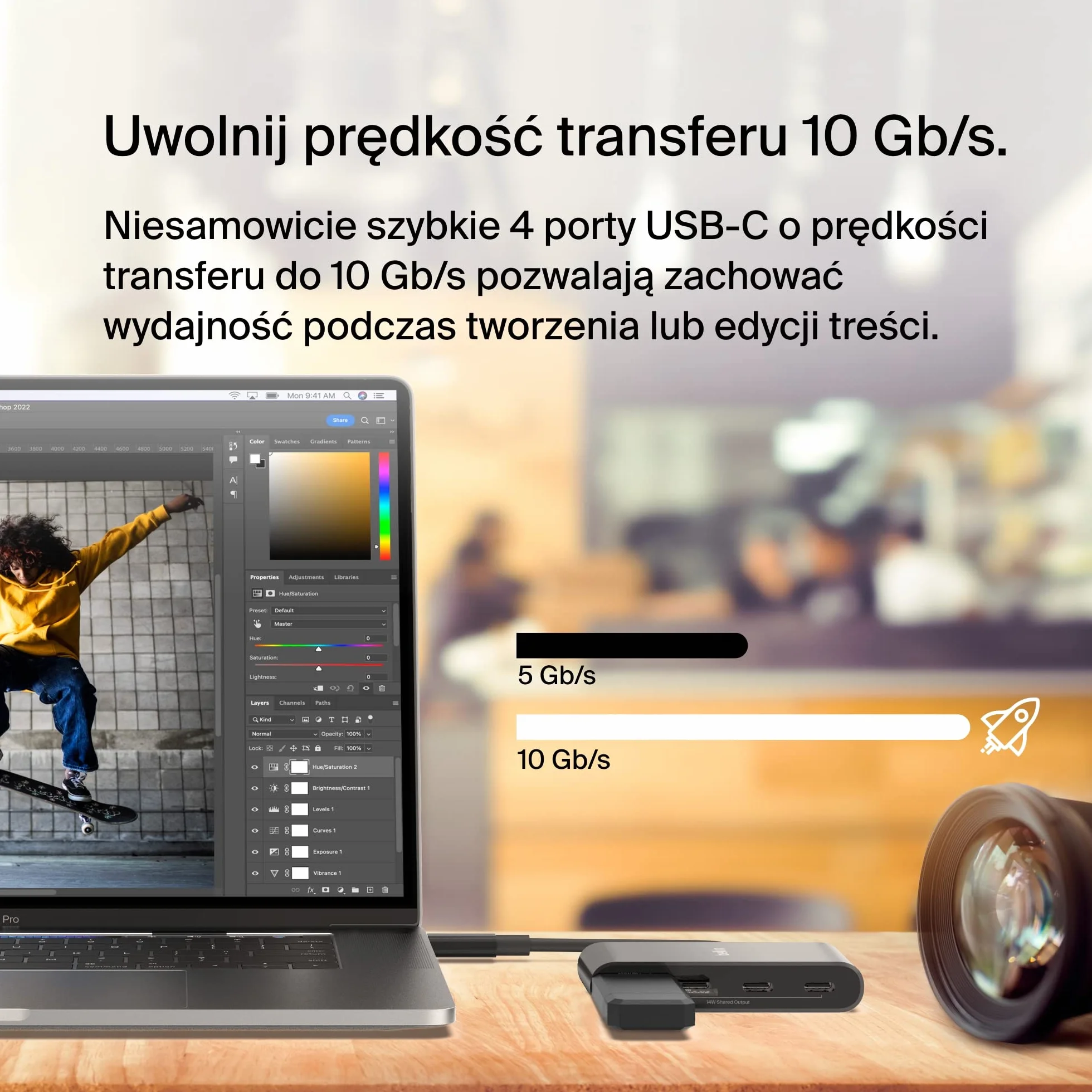 Belkin Hub USB-C, wieloportowy adapter Dongle z 4 portami USB-C 3.2 Gen 2 i PD 100 W, maksymalna prędkość transferu danych 10 Gb/s, do urządzeń MacBook, iPad, Chromebook, PC i innych, czarny
