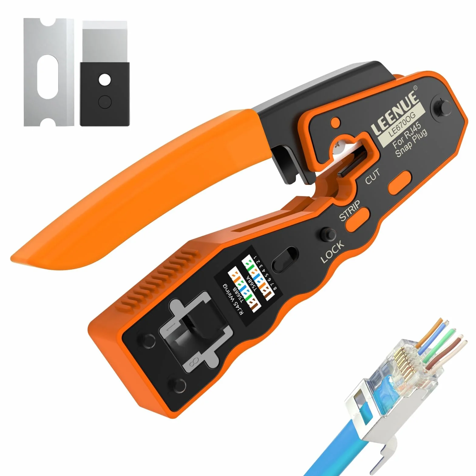 Szczypce zaciskowe RJ45, All-in-One Ethernet Crimper do wtyków Cat7, Cat6, Cat5, z 2 ostrzami zapasowymi