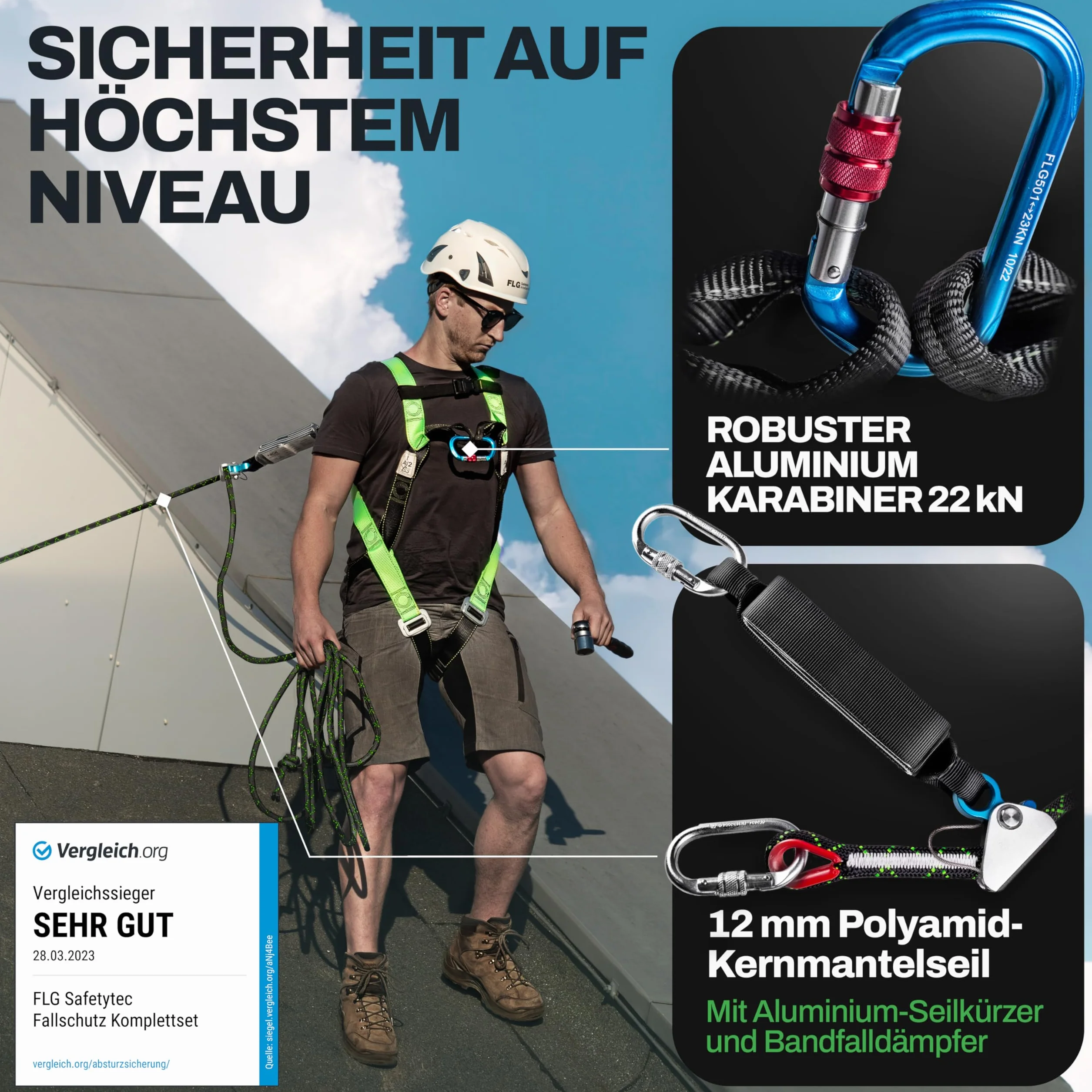 FLG Safetytec Fallschutz Komplettset 2-Punkt Auffanggurt 10m Verbindungsmittel 2m Bandschlinge EN353 EN361 EN795