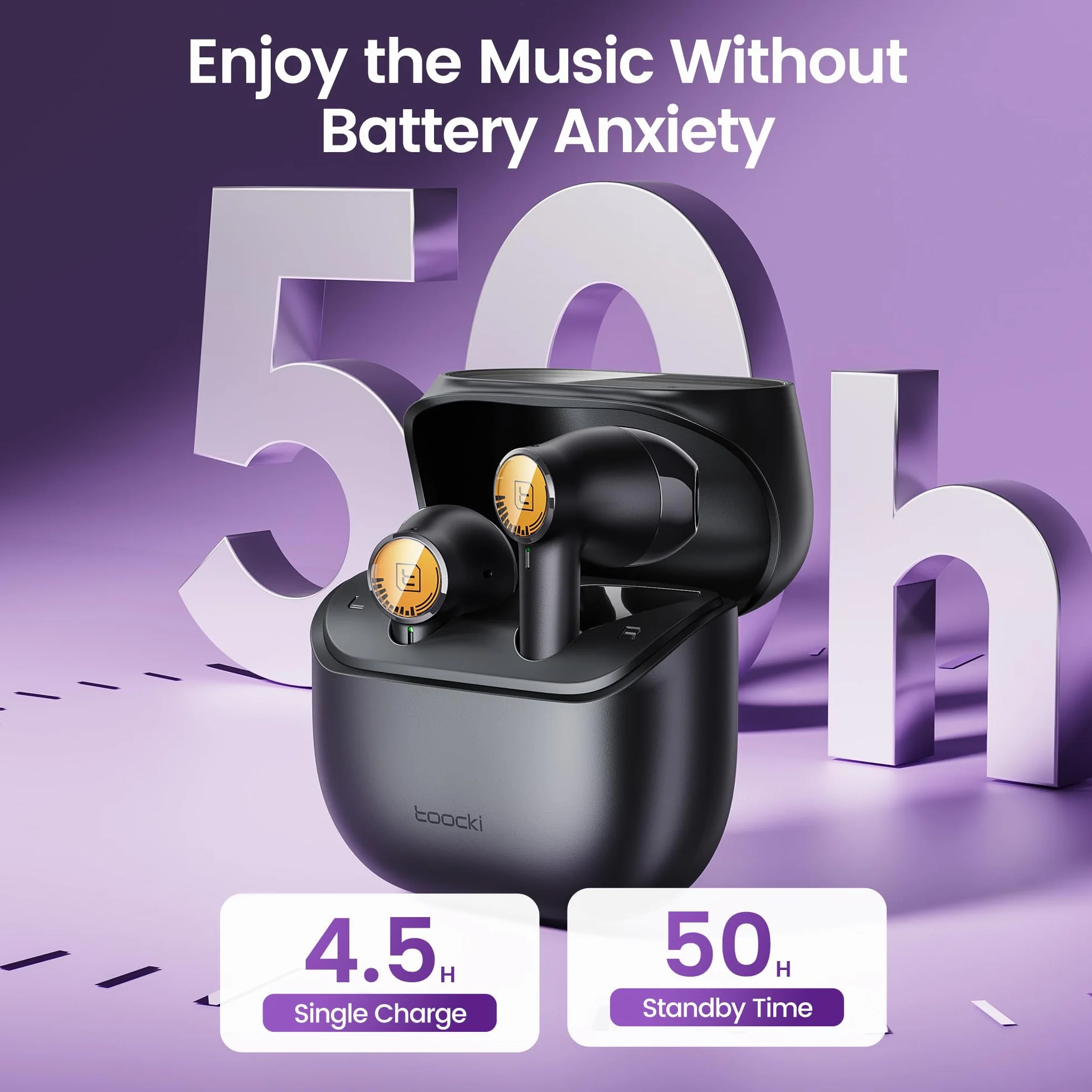 toocki ENC Bezprzewodowe słuchawki douszne z redukcją szumów, słuchawki Bluetooth 5.3, przetworniki 13 mm, głęboki basowy dźwięk stereo, 4 mikrofony, wyraźne połączenia ENC, krystaliczna obudowa