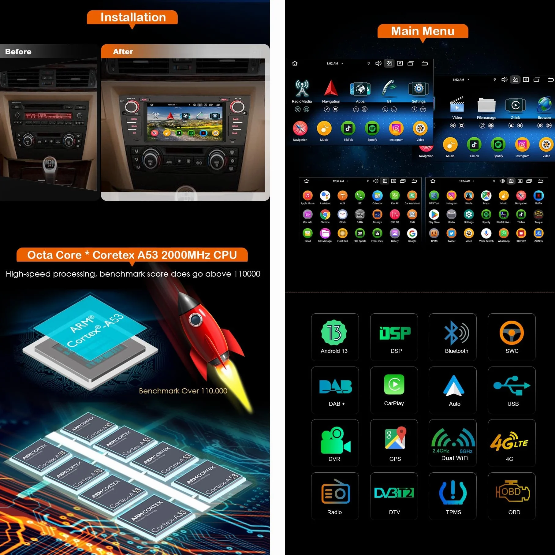 Erisin Android 14 radio samochodowe GPS nawigacja do BMW serii 3 E90 E91 E92 E93 8-Core CPU CarPlay Bluetooth ekran dotykowy