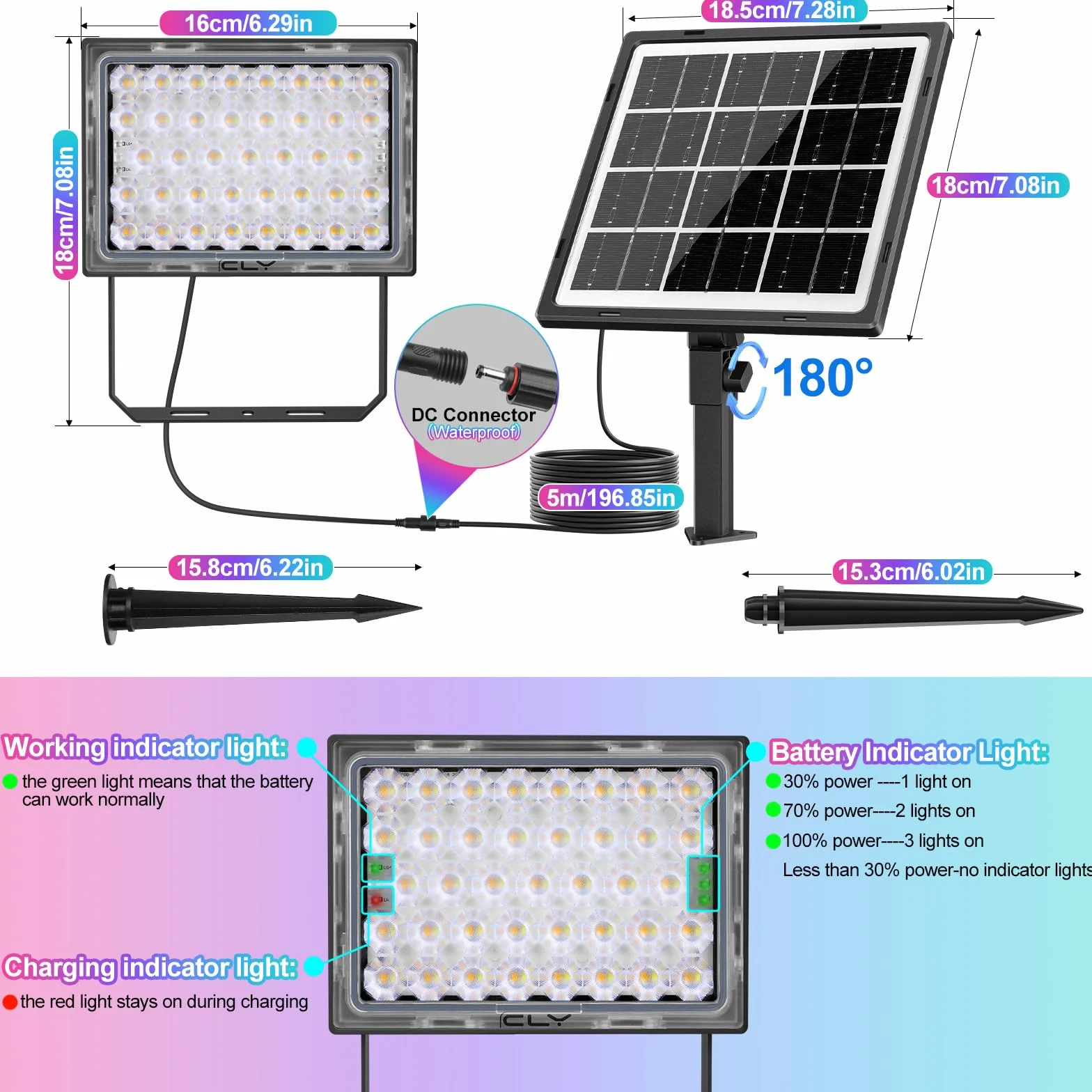 CLV Solarny reflektor RGB, lampa solarna RGB z pilotem zdalnego sterowania, IP66, reflektor LED, 10 kolorów, 30 trybów dynamicznych funkcja ściemniania, pamięci, timer, do ogrodu, na imprezę, drzewo