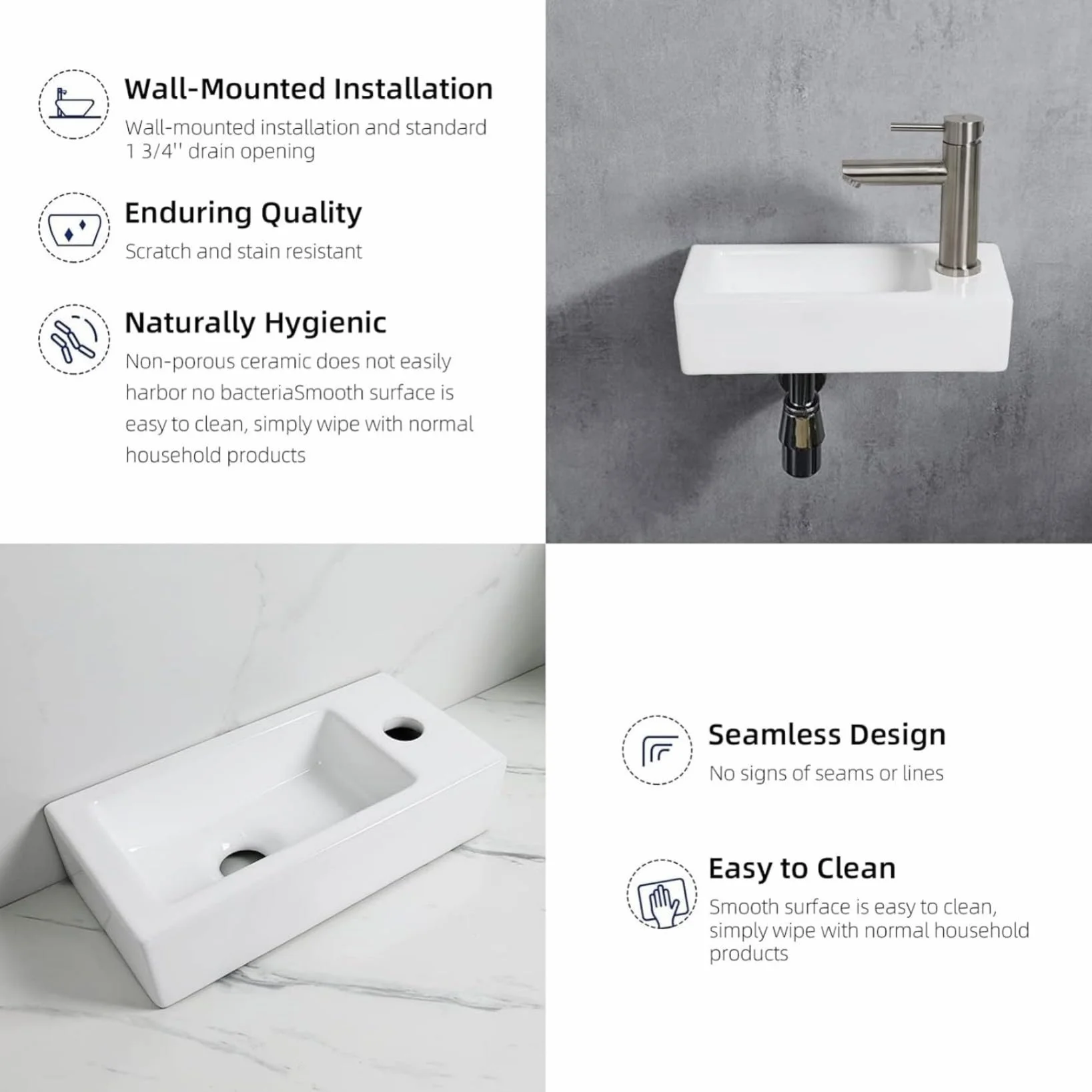 Ibergrif, M41102-R Prostokątny zlew ceramiczny z 1 otworem na kran, umywalka z prawej ręki montowana na ścianie, Mały rozmiar: 376 × 188 × 93 mm, Biały