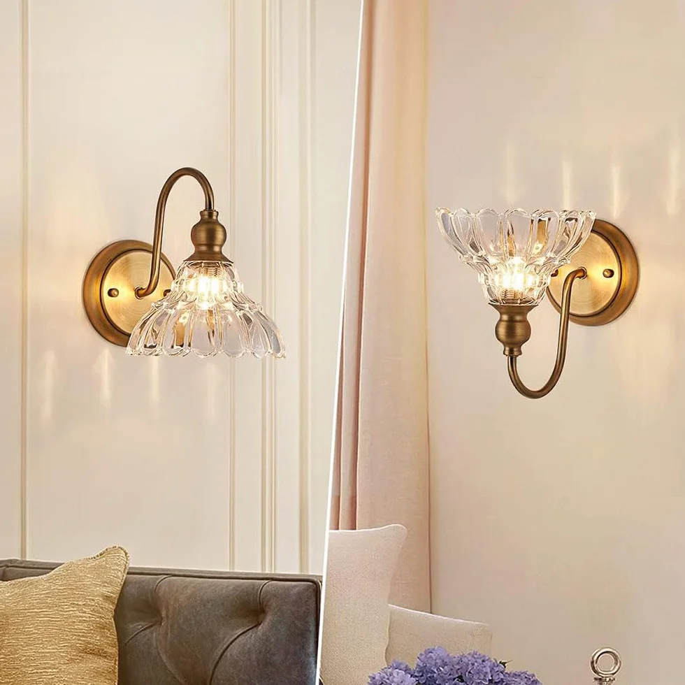 Lampa ścienna w stylu vintage, 17 cm, klosz ze szczotkowanego mosiądzu i szkła kryształowego, do łazienki, sypialni, salonu i jadalni