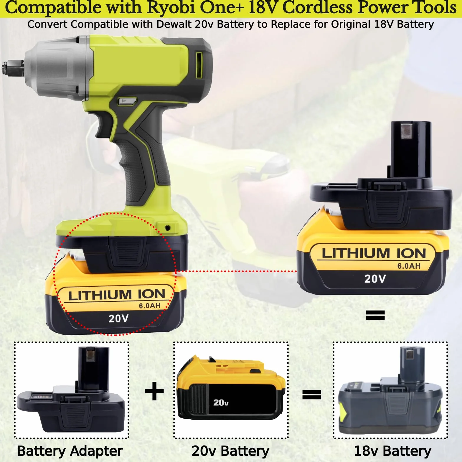 Tulepowceeng Adapter akumulatorowy kompatybilny z narzędziami Ryobi 18 V ONE+, kompatybilny z Dewalt 20 V i kompatybilny z baterią litową Milwaukee M18 18 V w celu wymiany baterii Ryobi 18 V
