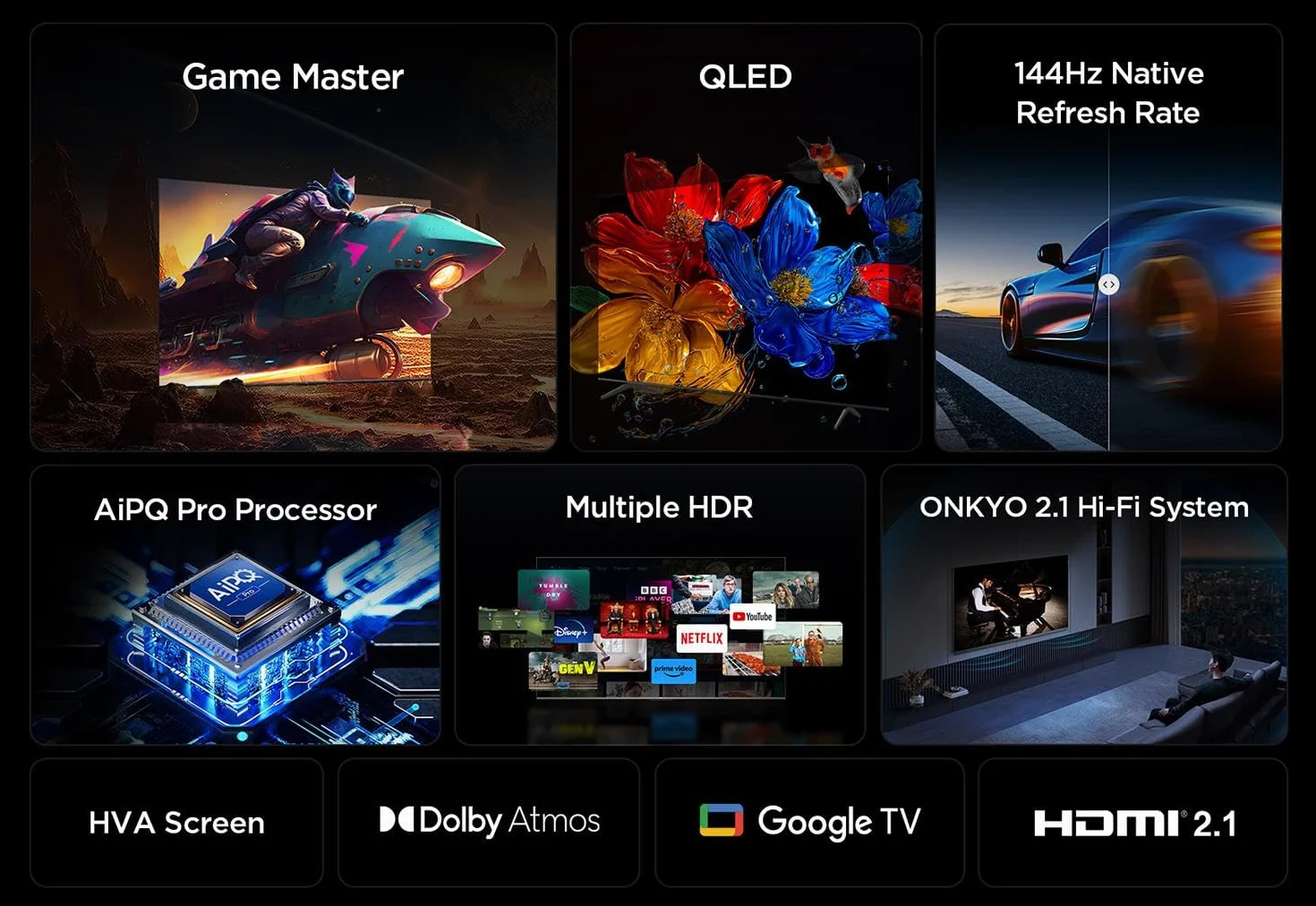 TCL 55P8K QLED 4K HDR UHD Smart Telewizor Google TV Dolby Vision Atmos 144 Hz Motion Clarity Pro FreeSync Onkyo 2.1