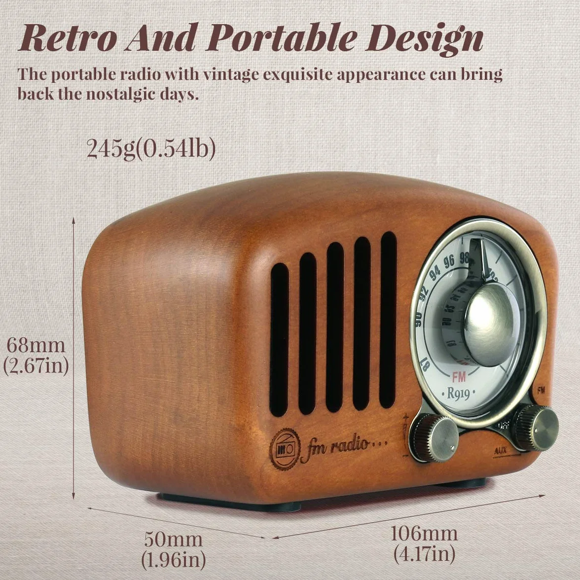 Małe przenośne radio, drewniane radios FM z głośnikiem Bluetooth w stylu retro, tranzystorowe radio z możliwością ładowania, z kartą SD MP3, obsługuje funkcję AUX, firmy PRUNUS J-919.
