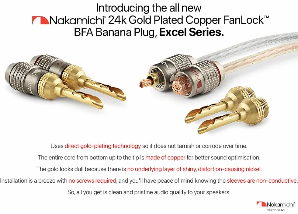 Nakamichi FanLock Wtyk BFA bananowy platerowany 24-karatowym złotem 10 AWG - 18 AWG Rozmiar miernika 4 mm dla głośników Wzmacniacz Hi-Fi Kino domowe Kabel audio Szybkozłącze, 8 Sztuki (4-Pary)