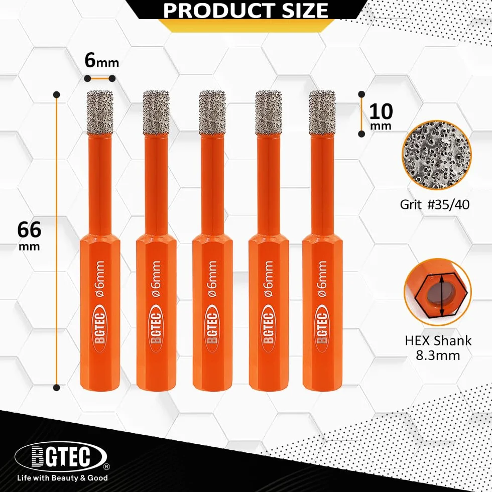 BGTEC Wiertła do suchego diamentu z sześciokątnym trzonkiem do płytek porcelanowych, cegła ceramiczna, marmurowa, 5 sztuk, średnica 6 mm
