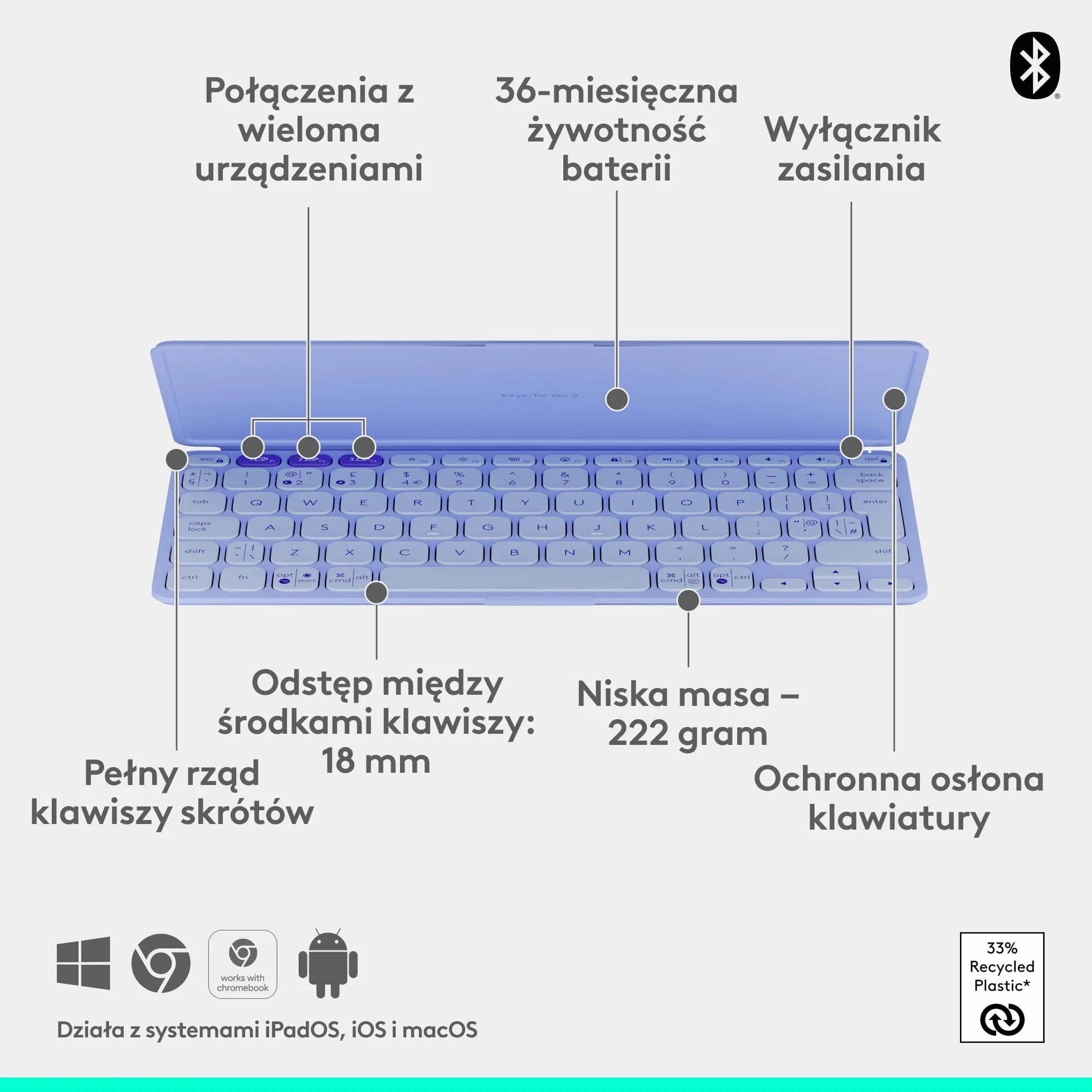 Logitech Keys-To-Go 2, przenośna klawiatura Bluetooth do tabletu z wbudowaną osłoną, smukła, bezprzewodowa do systemów Windows, Android, Linux, iPad, iPhone, Mac, Apple TV, QWERTY US INT'L - Liliowy