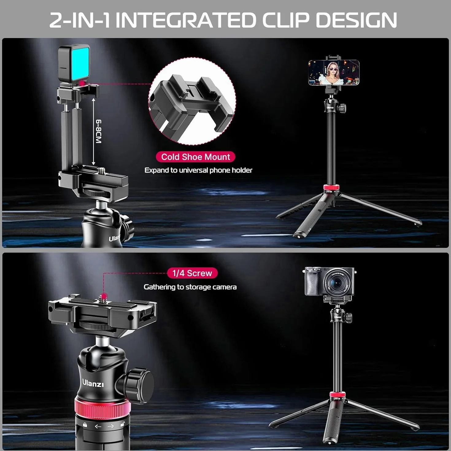 ULANZI Statyw do telefonu MT-44 149.9 cm Selfie Stick 2 w 1 z klipsem i głowicą kulową 360°