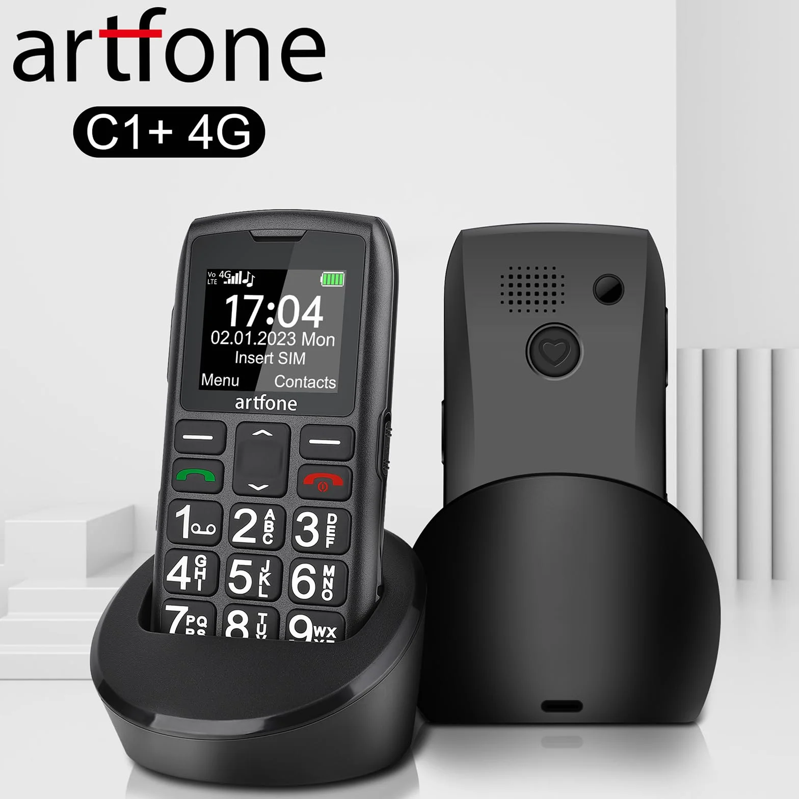 artfone Starszy telefon komórkowy z dużymi przyciskami, LTE telefony dla osób starszych, funkcja SOS, wysoka głośność, bateria 1400 mAh, podstawa ładująca z USB C1 4G, czarny