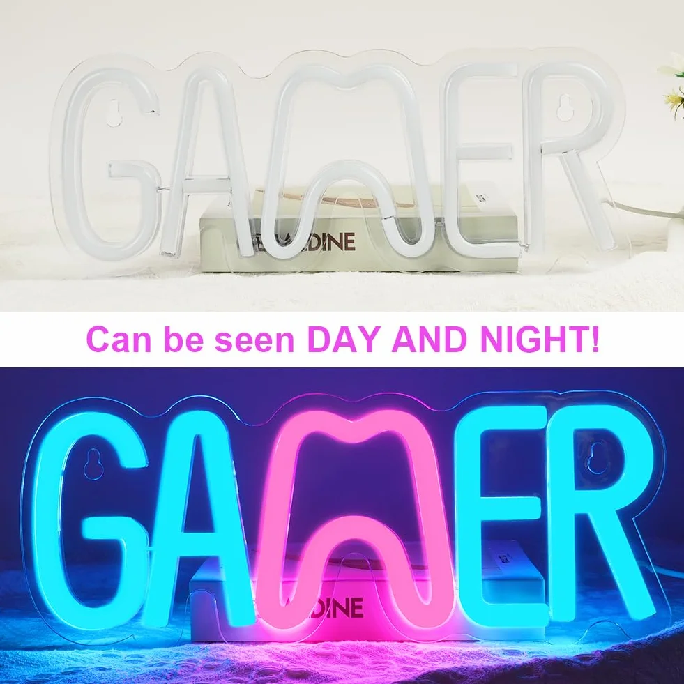 HOTUT Podświetlany Znak Gier Neon LED, Świetlna Dekoracja Ścienna (Gaming Neon/Napis), Nowoczesne Oświetlenie do Pokoju Gracza, Tło do Streamowania