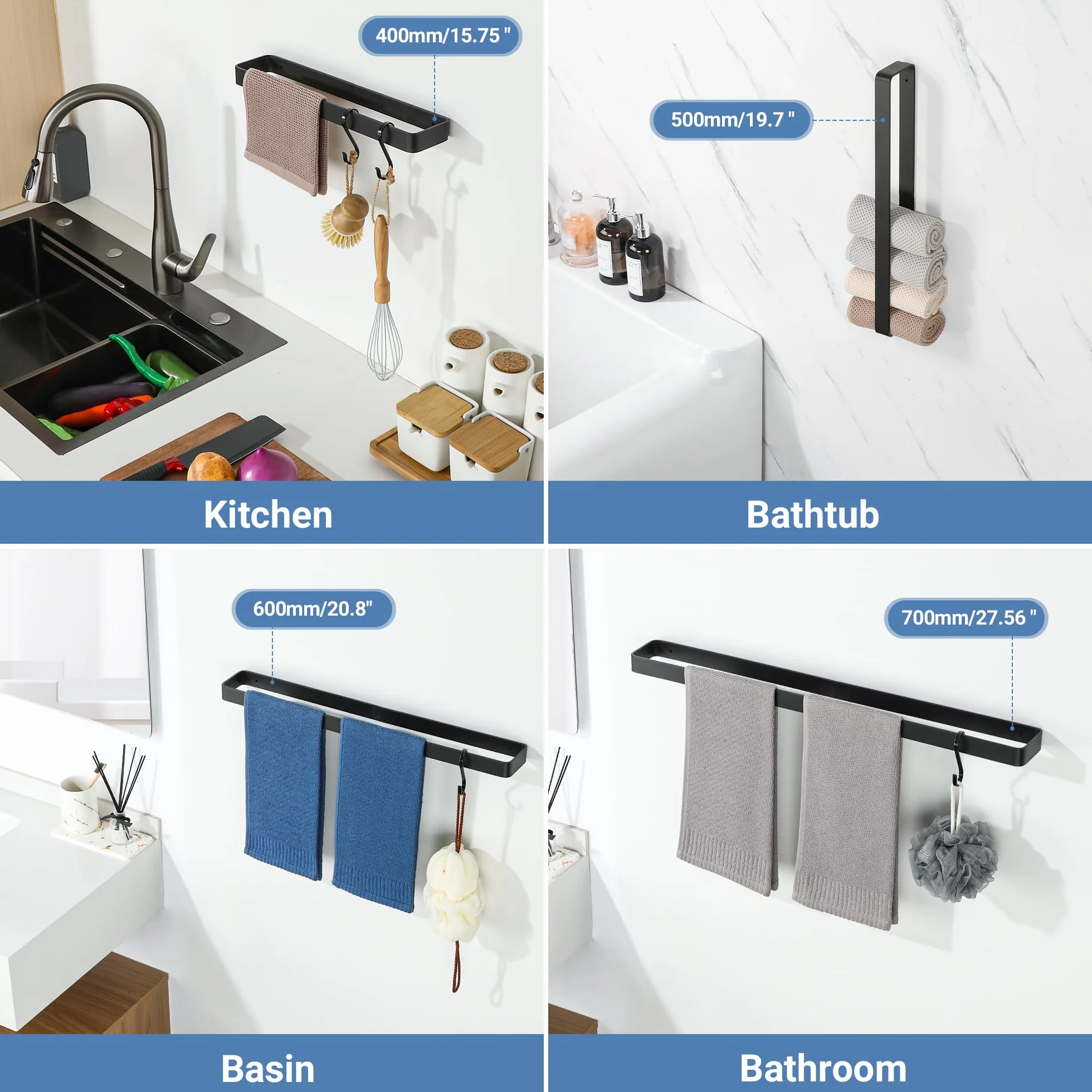 SAYAYO Wieszak na ręczniki do łazienkowe, czarny uchwyt na ręcznik, Wieszak na ręczniki ze aluminiowy, Montażu na ścianie, do łazienki i kuchni, 60 cm, EGYS24030-600-B
