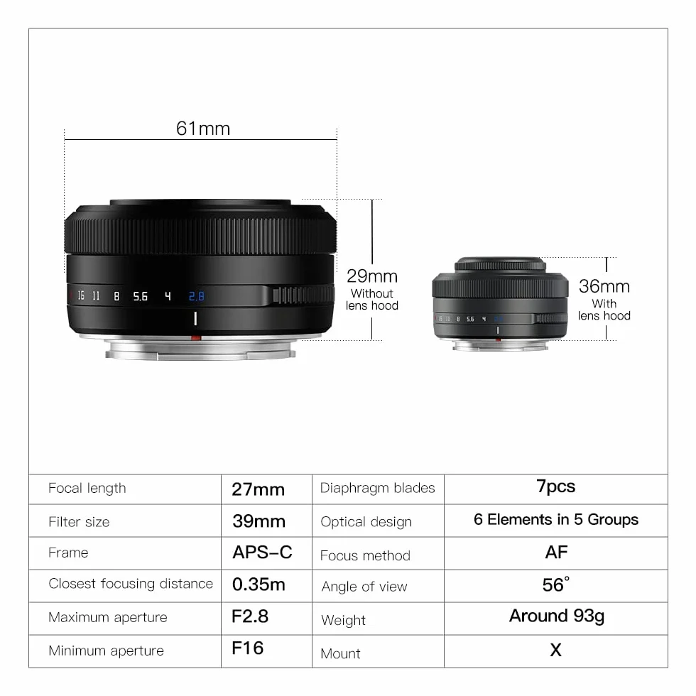 TTARTISAN 27mm F2.8 Obiektyw do Fuji X APS-C AF Metalowy Czarny