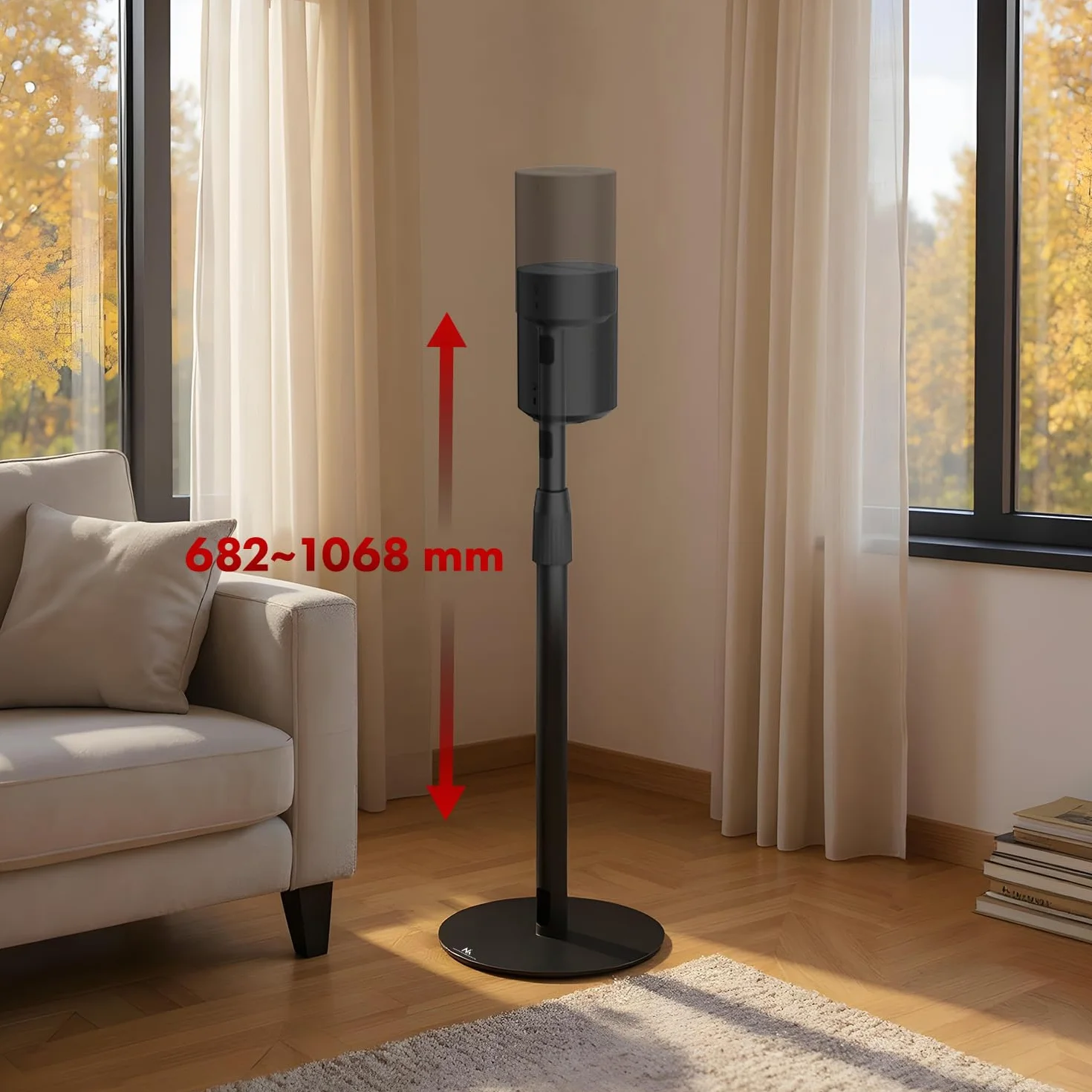 Maclean MC-496 Statyw podłogowy do Sonos Era 100 i 300 | Regulacja 682-1068 mm | Zarządzanie kablami i stabilna podstawa | Zestaw 2 czarnych statywów