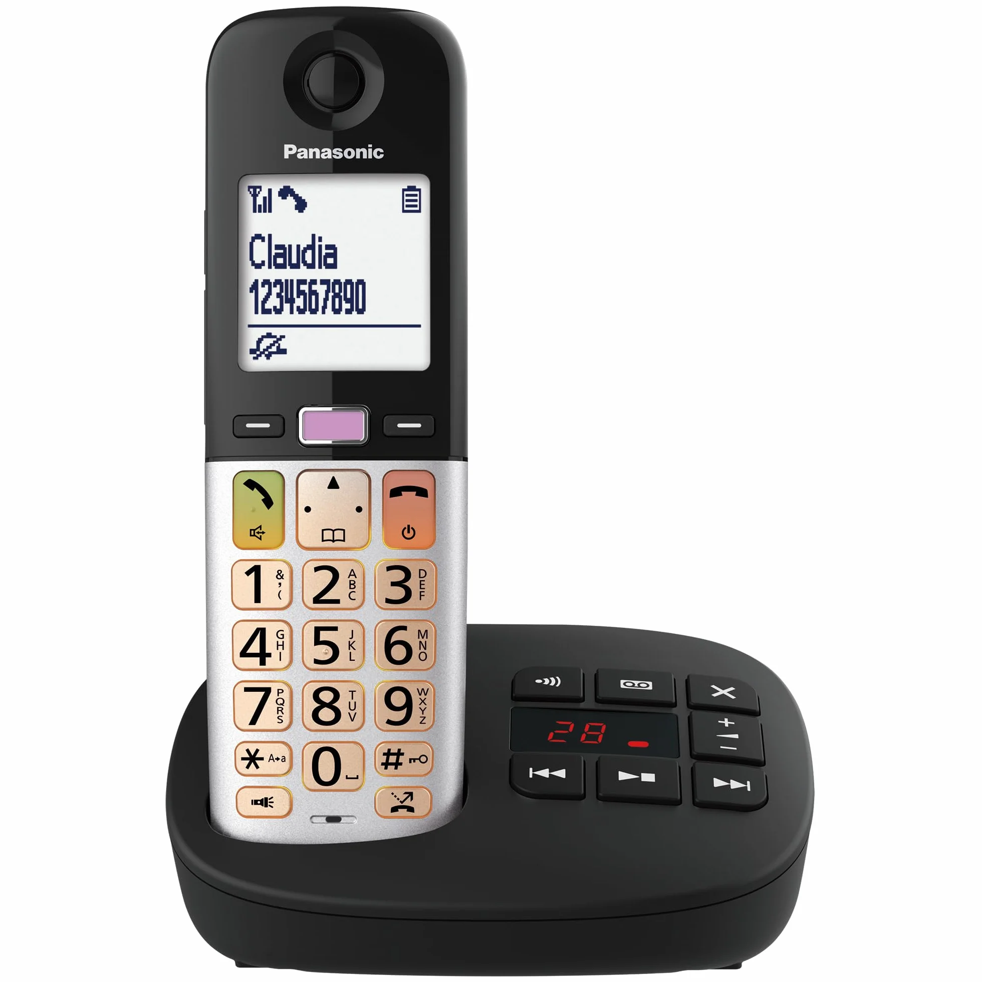 Panasonic KX-TGU432EXB Bezprzewodowy cyfrowy telefon z automatyczną sekretarką, wzmocnioną głośnością, jednostką podstawową i 2 słuchawkami, wyświetlaczem LCD, latarką, kompatybilną ze słuchawkami,