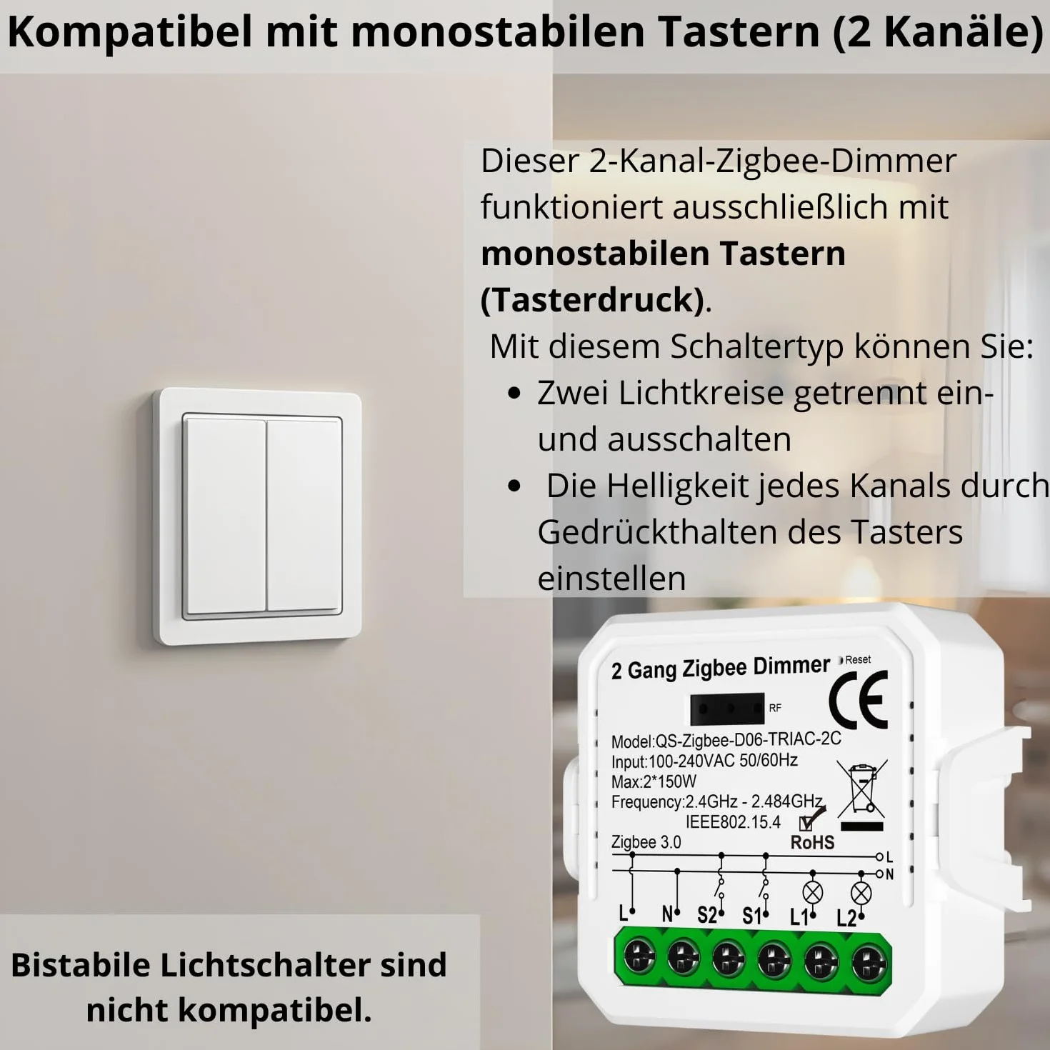 2 GANG Dimmer ściemniacz TUYA Zigbee MINI V3 sterownik oświetlenia