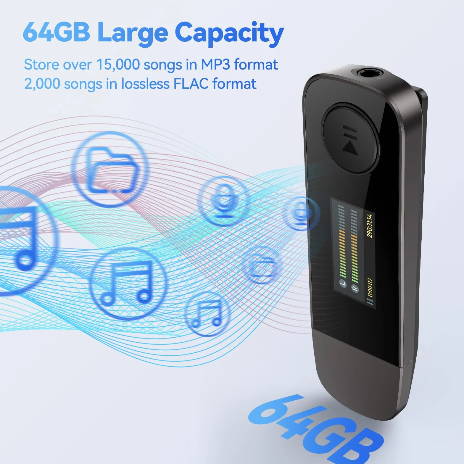 AGPTEK Przenośny Odtwarzacz MP3 64 GB z Bluetooth, Typ C i USB, Klips, Pamięć z Radiem FM, Nagrywanie, Obsługa Połączenia Telefonu, Czarny
