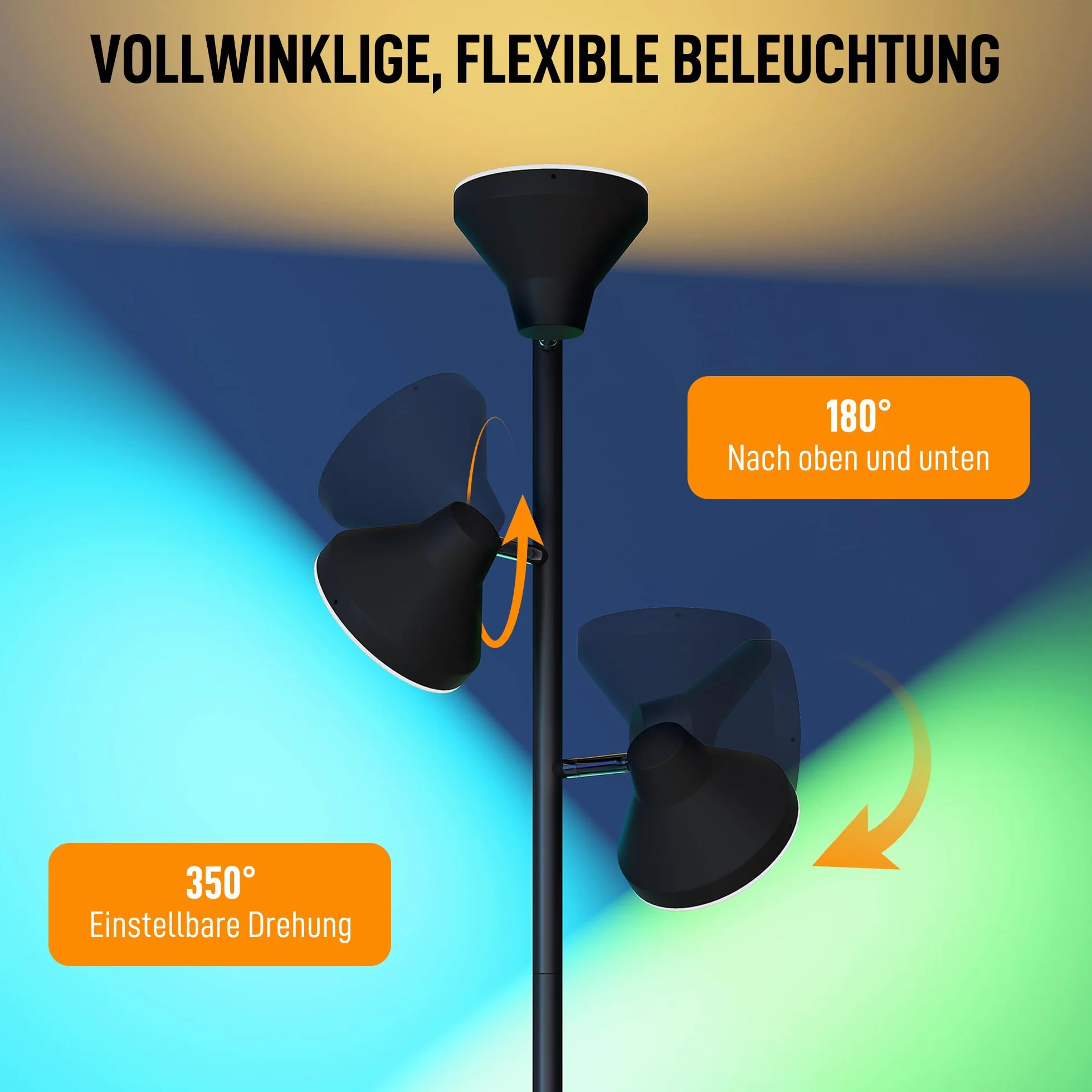 HOMCOM Lampa podłogowa z regulacją jasności i lampą do czytania, zmiana kolorów RGB, sterowanie dotykowe i pilotem, 3 obrotowe głowice, 4150lm, 2700K–6000K, do salonu i sypialni