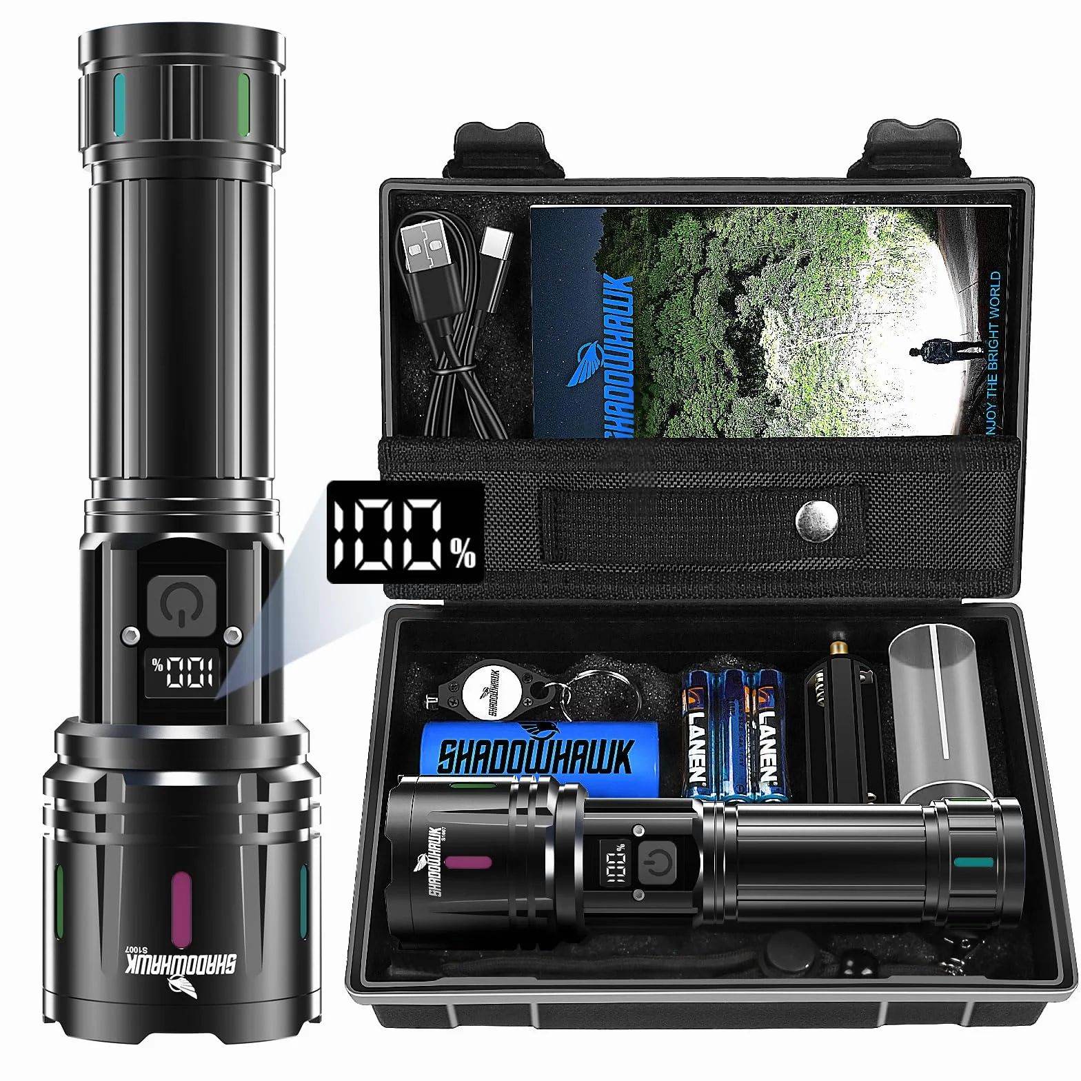 Shadowhawk Latarka LED, do wielokrotnego ładowania, 500000 lm, bardzo jasna latarka LED (XHM90.2), mocna latarka taktyczna USB, zasilana bateriami, wodoszczelna, do użytku w sytuacjach awaryjnych