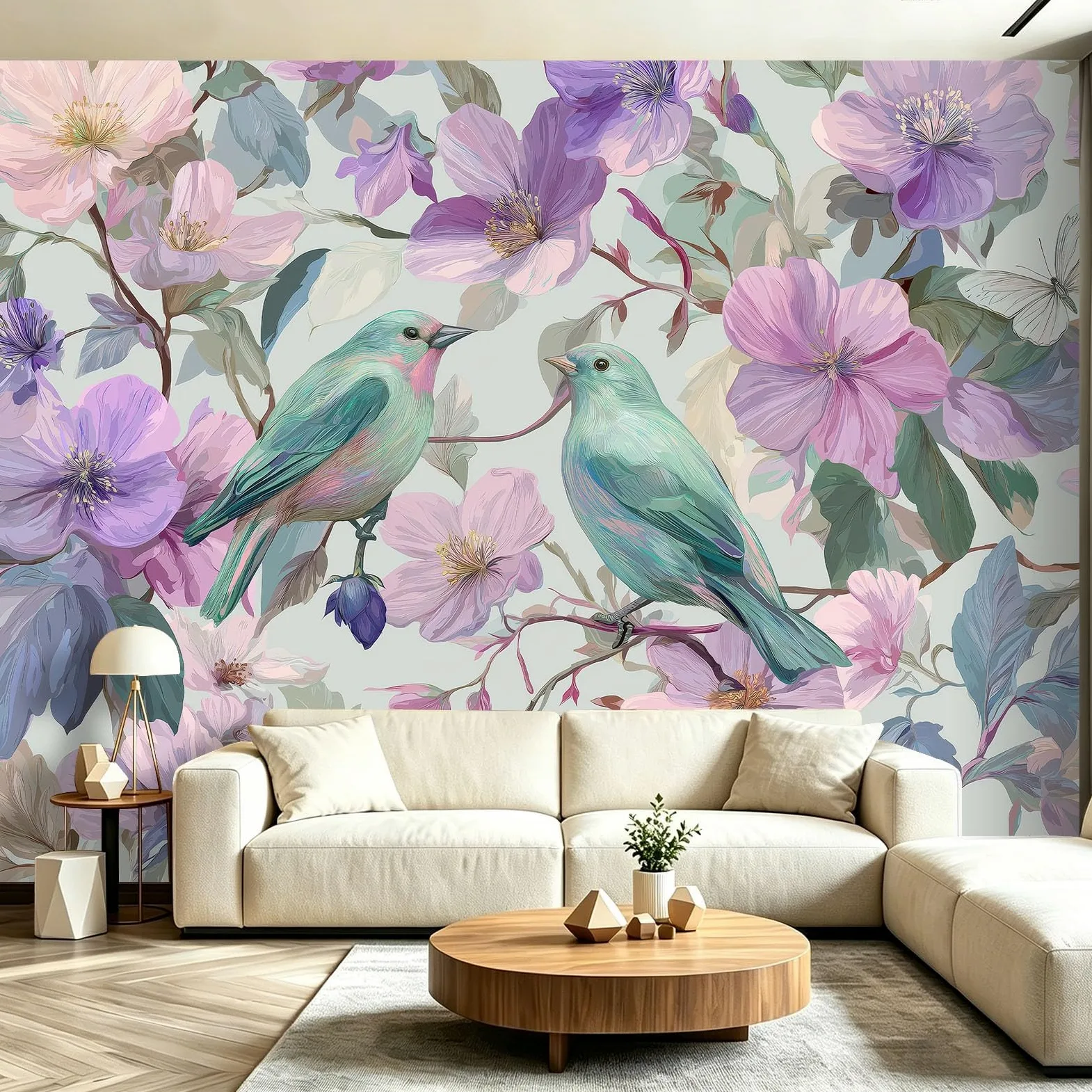 Fototapeta 400 x 280 cm, włóknina, druk artystyczny, polar, mural ścienny, plakat, wzór, zielony, niebieski, francuski ptak, kwiatowy, motyl, tapeta do sypialni, salonu, kobiety