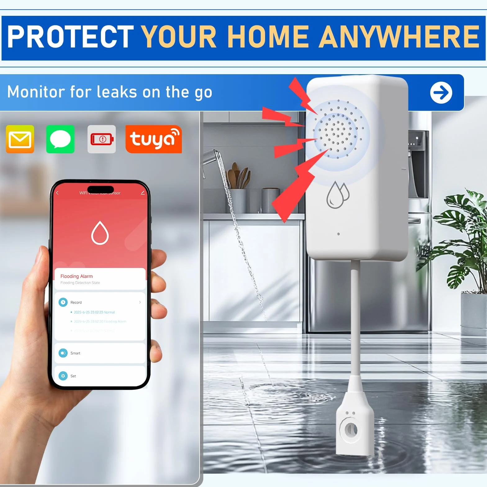 BSEED Inteligentny czujnik wody nie wymaga koncentratora, bezprzewodowy czujnik wody ze zdalnym alarmem, IP65, sterowanie aplikacją Smart Life/Tuya, alarm wodny do kuchni, piwnicy i łazienki, 1 sztuka