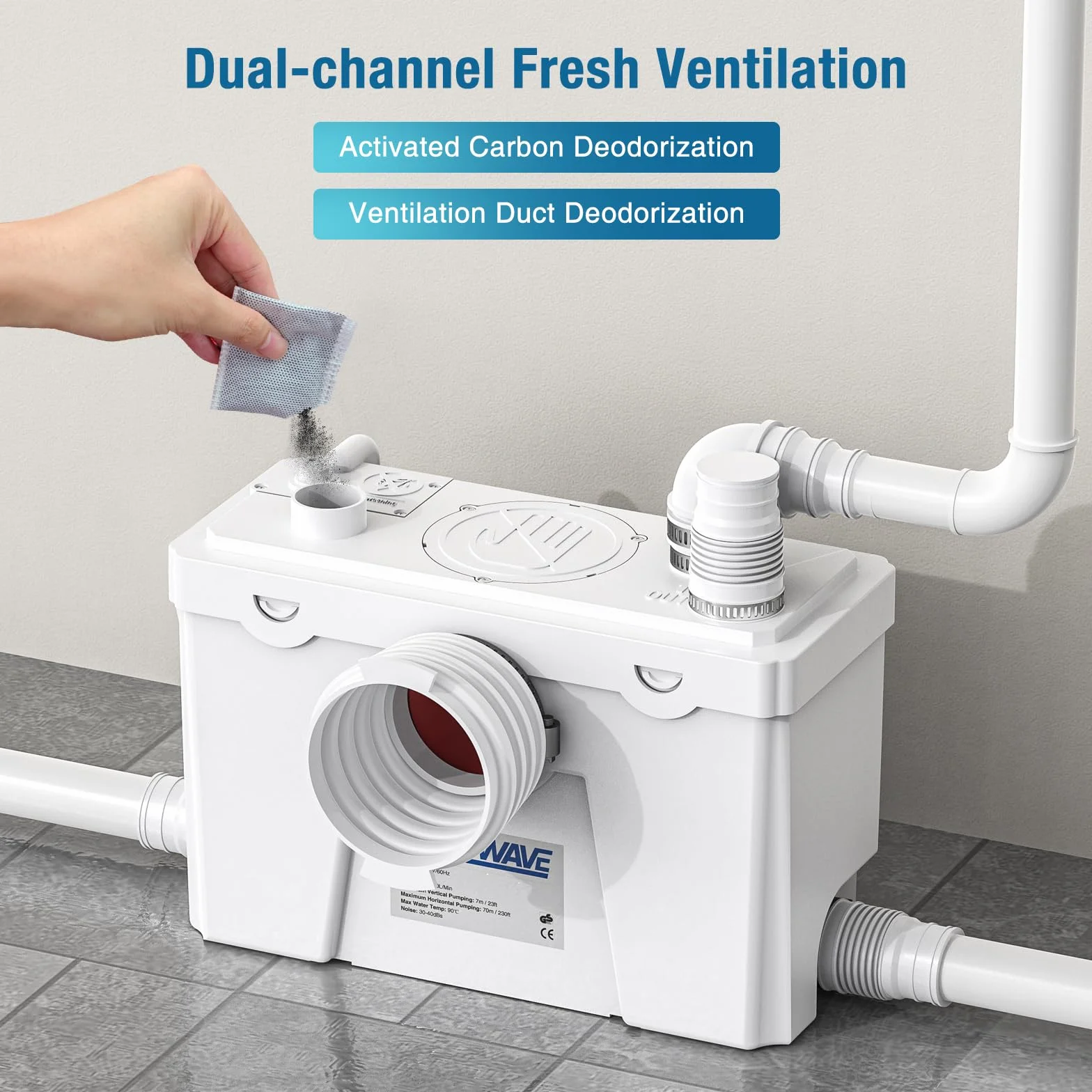 CrestWave - Pompa maceratora 500 W, system spłukiwania o wysokiej wytrzymałości z 4 wlotami wody, przepływ 20 l/m, idealny do zlewu, toalety, kuchni, prysznica, wanny, pralni, wody