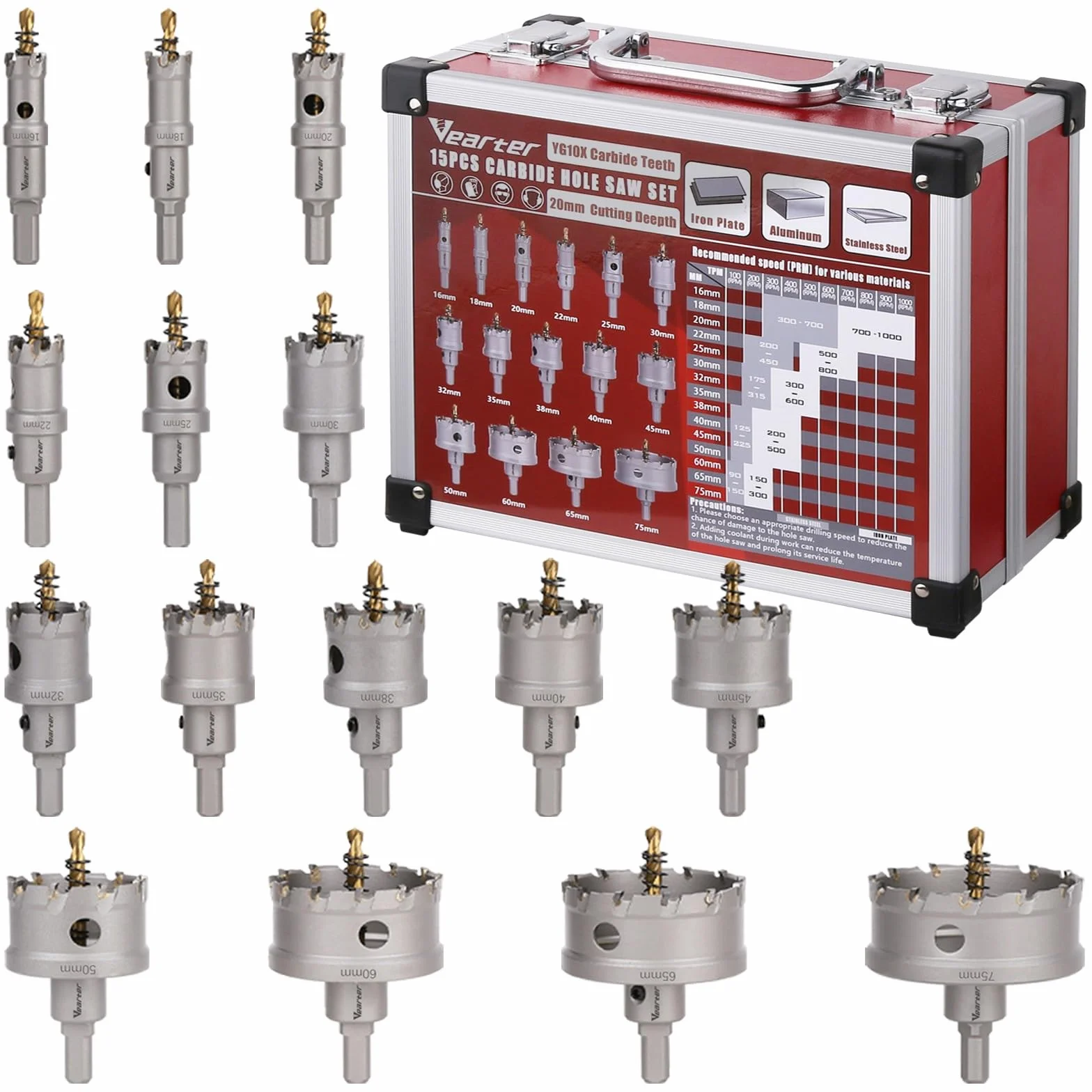 TCT zestaw 15 sztuk / Satz 16-75 mm, Hartmetall Bits mit Zentrierbohrer, für Hartmetall, Edelstahl, Baustahl, Aluminiumlegierung, Kupfer, Eisen, Kunststoff i Glasfaser