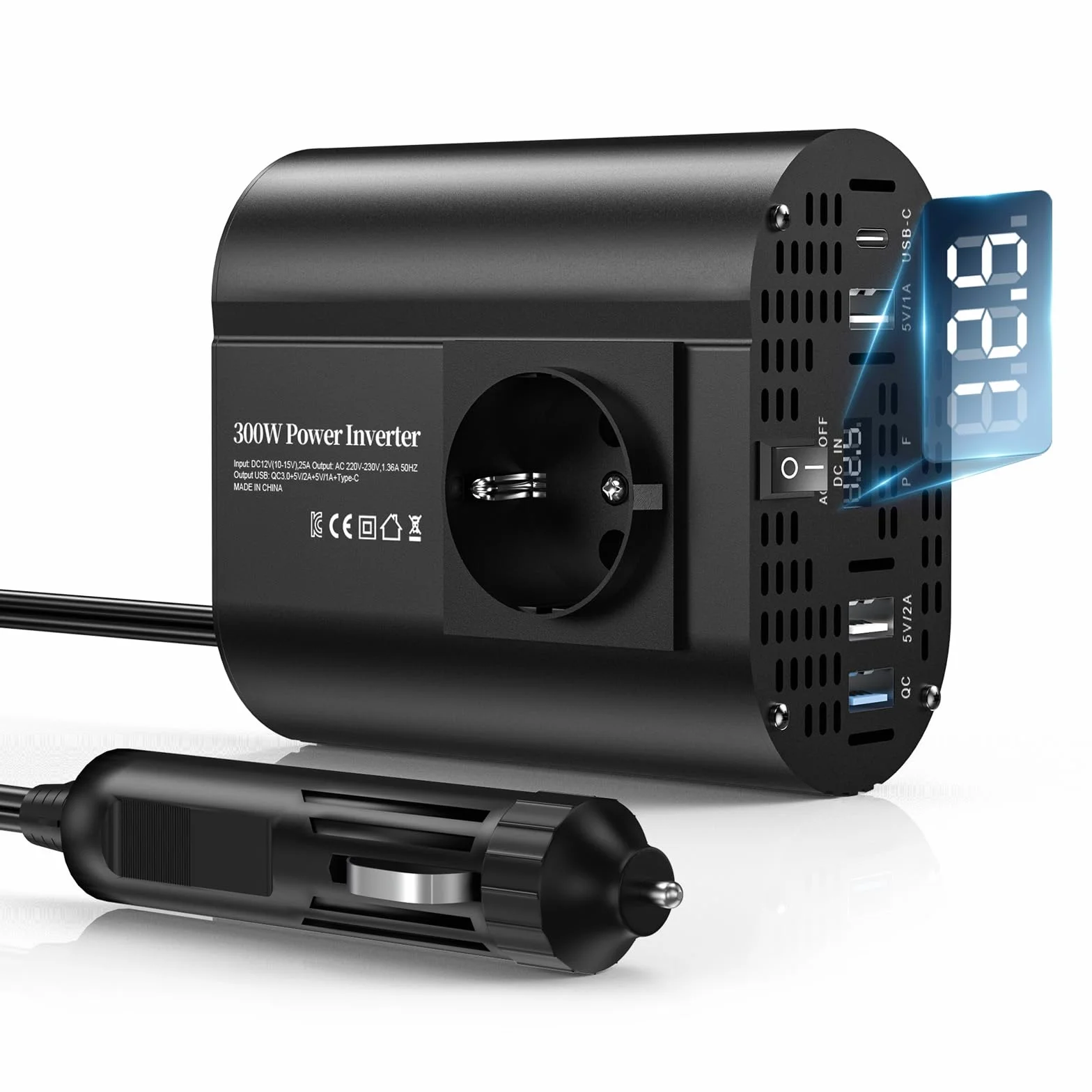 Konwerter 12V 220V 300W z 1 gniazdem Typ C 30W, 3 porty USB, wyświetlacz LED