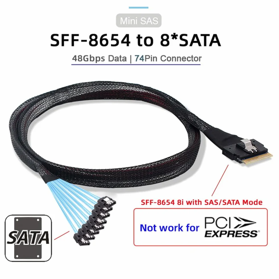 CY Cable Slimline SAS 4.0 SFF-8654 8i 74pin Host Raid do 8 SATA 7Pin Target HDD-Fanout Raid Kabel 1 do 8 rozdzielacz (100 cm)