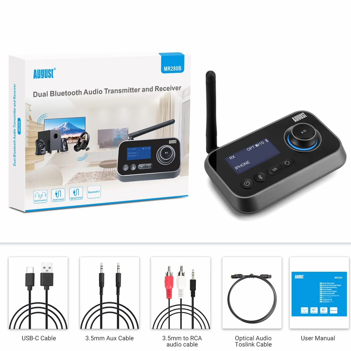 August MR280 Podwójny Nadajnik Odbiornik Audio Bluetooth do telewizora Słuchawek i HiFi – Multipoint, Bluetooth 5, stereo, gniazdo optyczne RCA 3,5 mm Zasilany z sieci USB-C dla 2 urządzeń