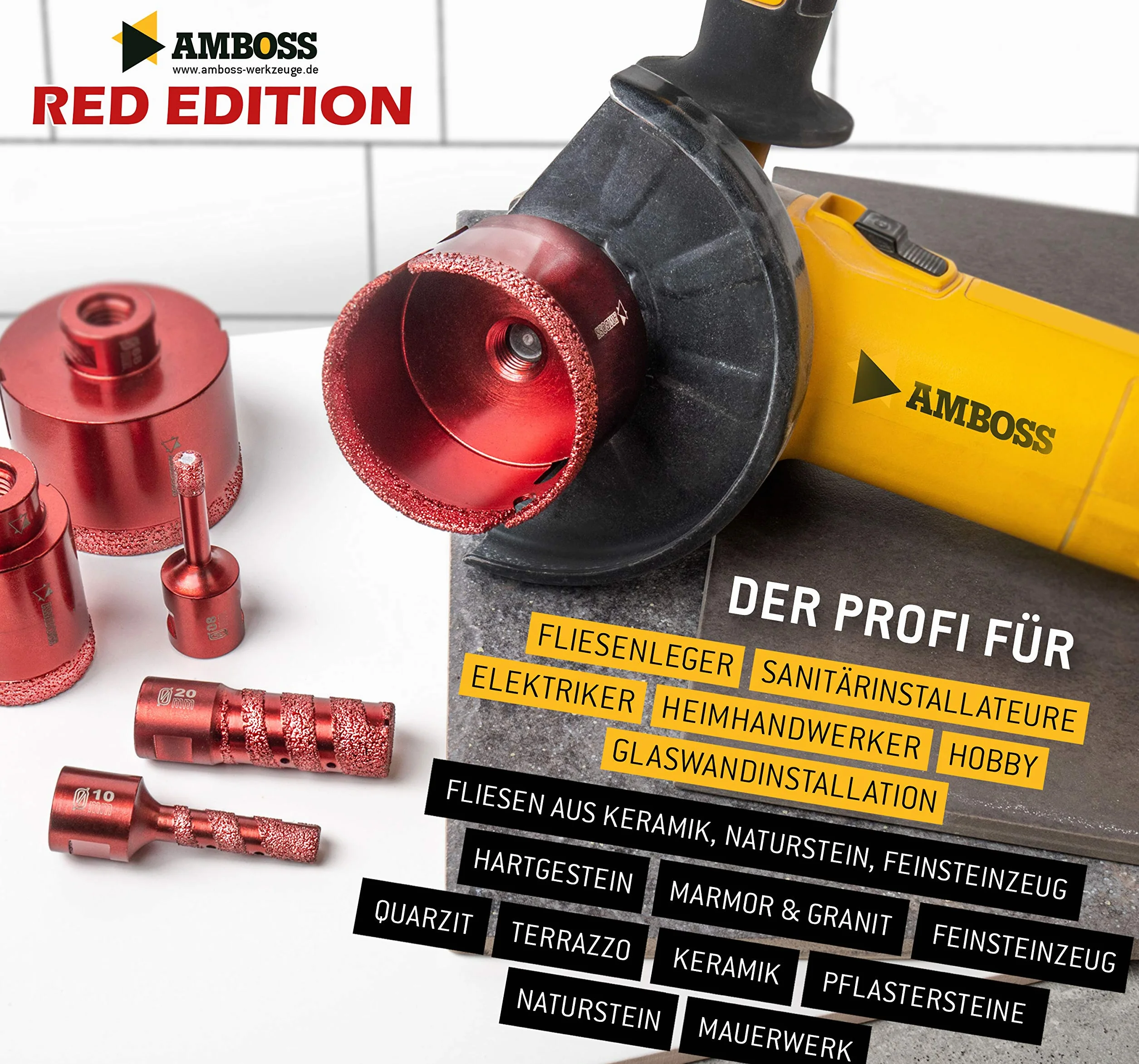 Amboss Red Edition M14 diamentowa koronka wiertnicza – do szlifierek kątowych – gresu, twardych płytek, granitu/idealna koronka wiertnicza na sucho (Ø 68 mm)