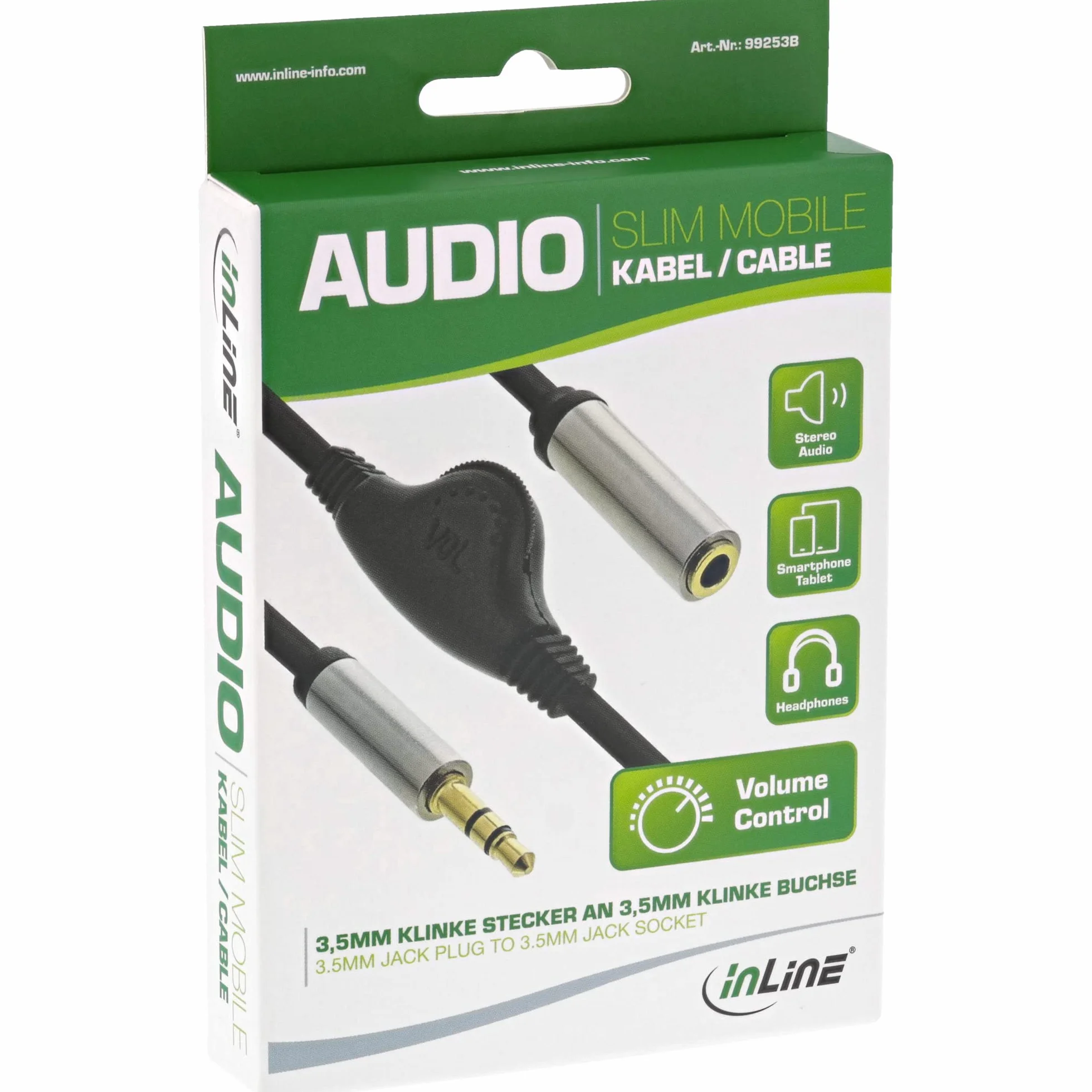 InLine 99253B Slim kabel audio jack 3,5 mm ST/BU, z regulatorem głośności, 0,25 m