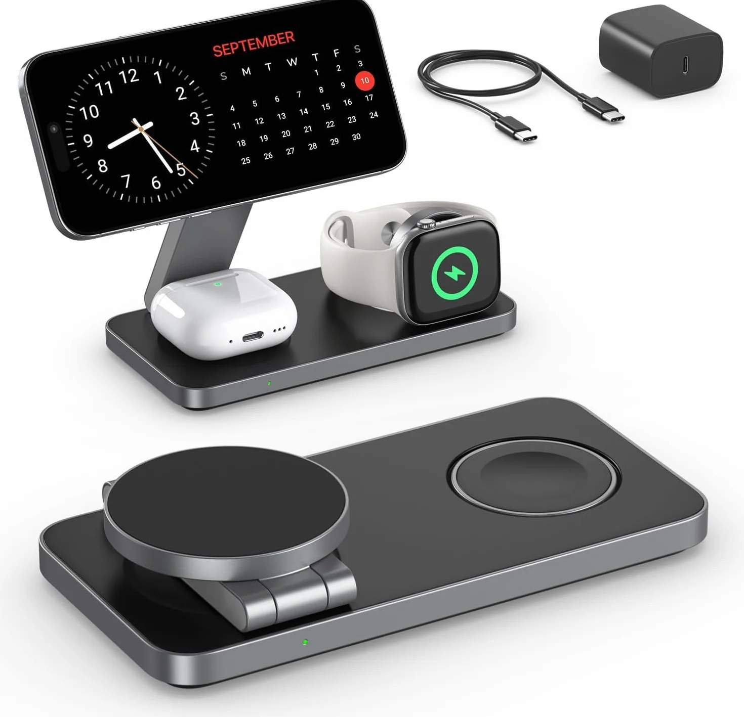 Bezprzewodowa ładowarka 3 w 1 Apple składana indukcyjna do iPhone 17 16 15 14 13 12, Apple Watch 9/8/7/6/SE/5/4/3, AirPods Pro