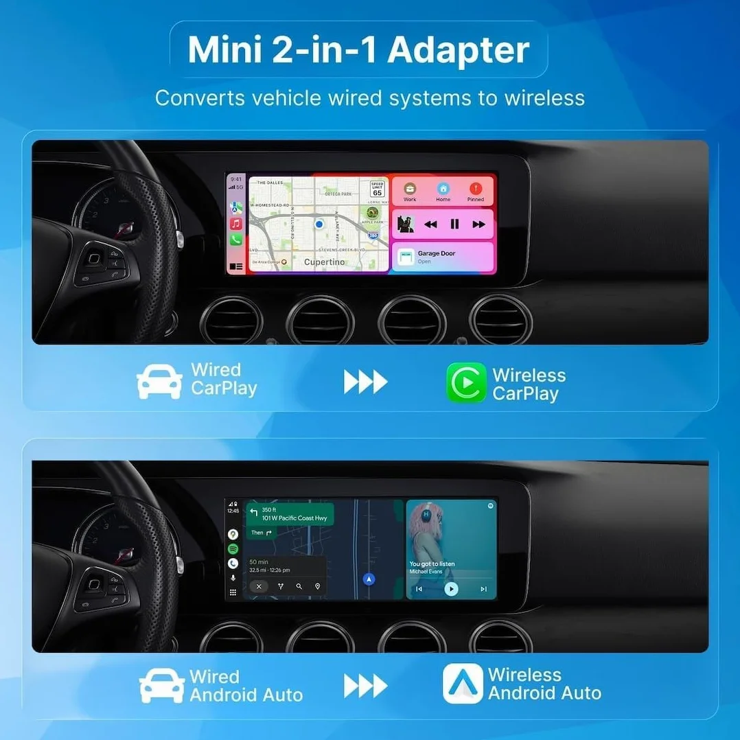 Bezprzewodowy adapter CarPlay i Android Auto 2 w 1, mini klucz USB C do samochodów z fabrycznym okablowaniem (2016+), bezprzewodowy adapter samochodowy Plug & Play z obudową ze stopu aluminium, konwer