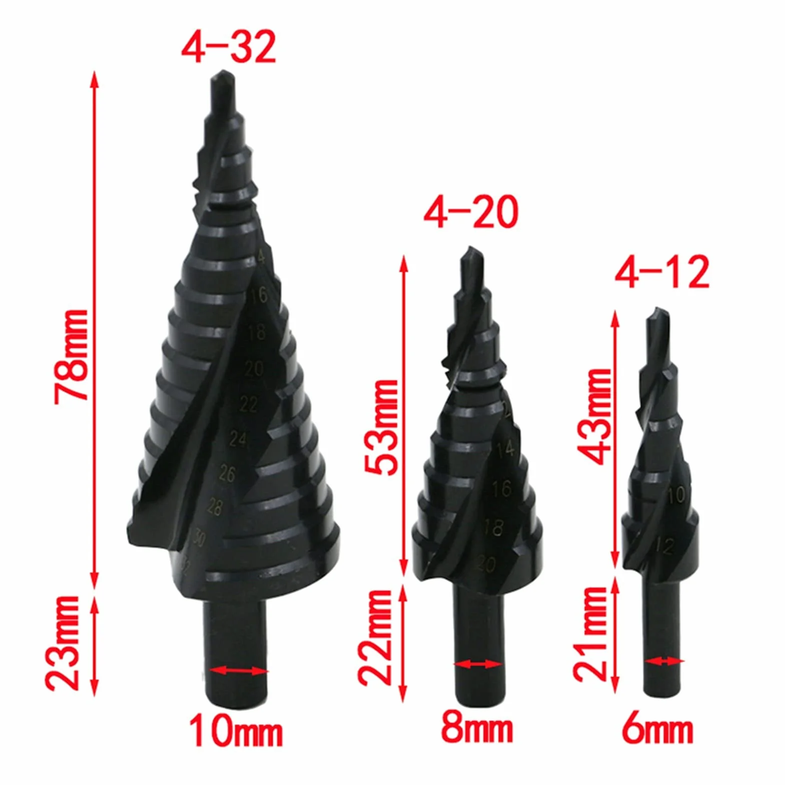 Wiercenie stopniowe bity 3 zestawy 4-12/20/32mm HSS powlekane azotem spiralne wiertła stopniowe do metalu otwornica trójkątny chwyt