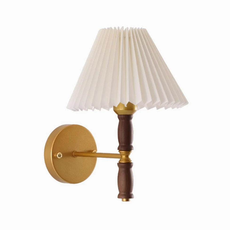 ICEMOB Retro plisowana tkanina, kinkiet LED, korpus orzecha włoskiego z mosiężną głowicą lampy, lampa nocna do sypialni w stylu kremowym