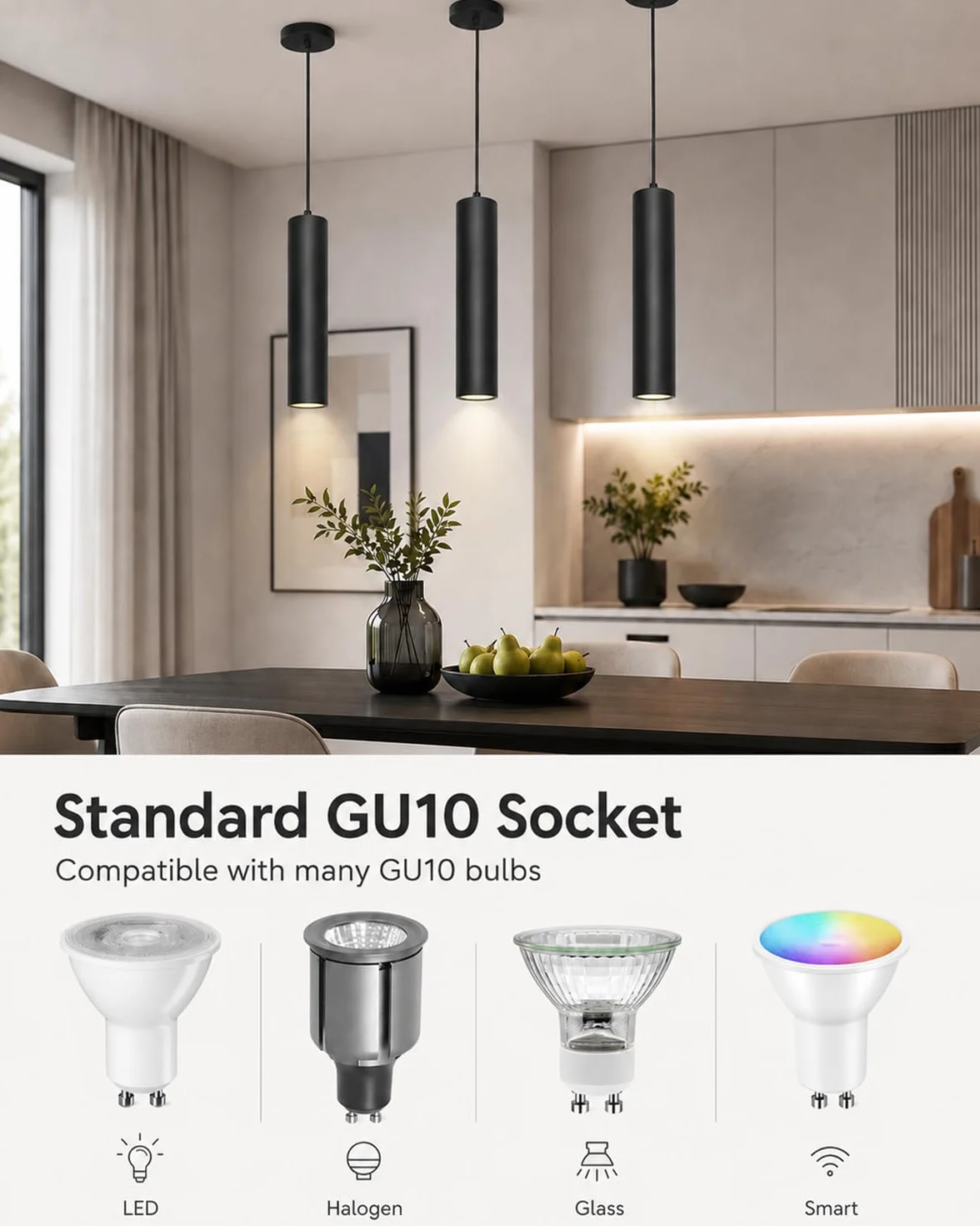 ACMHNC Lampa Wisząca LED, Zestaw 2 Sztuk Nowoczesnych Lamp Sufitowych GU10 do Kuchni i Sypialni, 10W 3000/4000/6000K, Czarny Żyrandol Cylindryczny 30cm