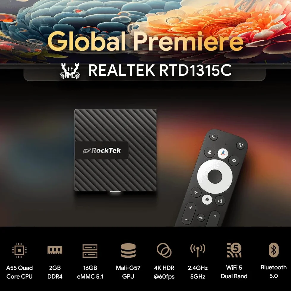 RockTek GB1 Android TV Box CPU ARM Cortex-A55 Realtek RTD 1315C, GPU Mali-G57, 2 GB RAM, 16 GB pamięci eMMC, zdalne sterowanie Bluetooth, Wi-Fi 5, BT 5.0, HDMI 2.1, 4Kx2K@60fps, Android TV 12