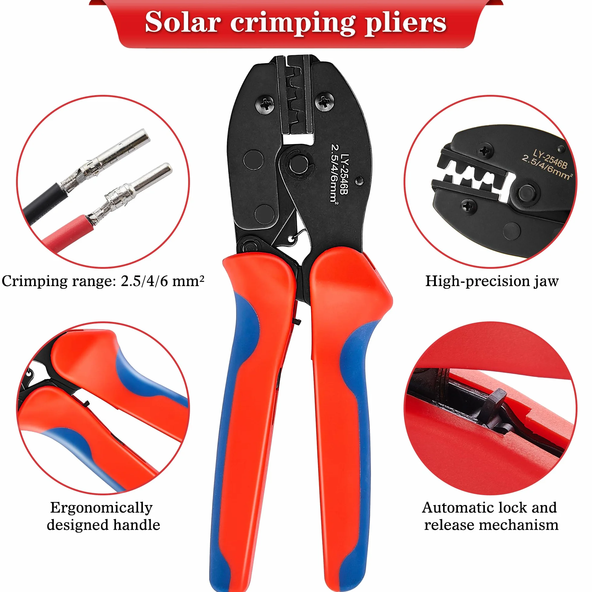Zestaw szczypiec zaciskowych solarnych do kabli PV 2,5/4/6 mm², 10 par wtyczek kablowych + 10 par wtyczek męskich/żeńskich, IP68, wodoszczelne, do wtyczek
