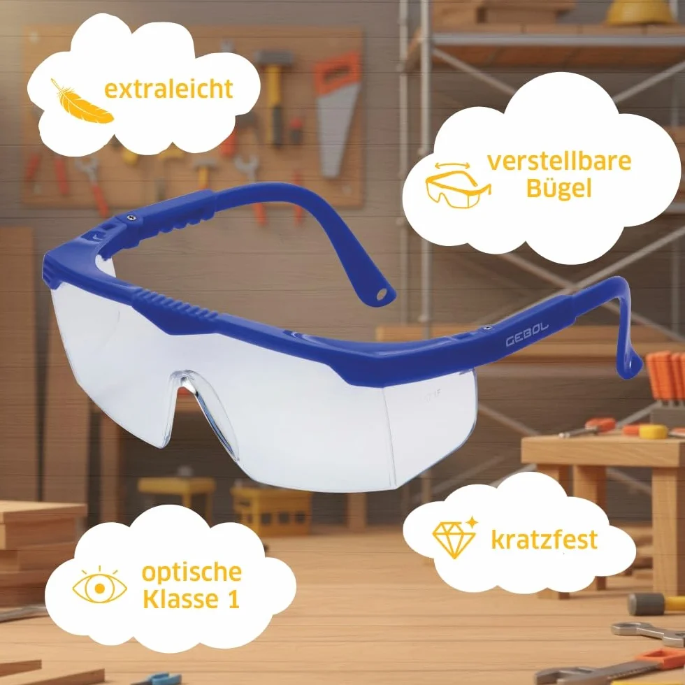Gebol Safety Kids, okulary ochronne z lekkiego i odpornego na zarysowania materiału, bardzo lekkie okulary dziecięce z regulowanymi zausznikami, idealne do pomocy w majsterkowaniu, niebieskie