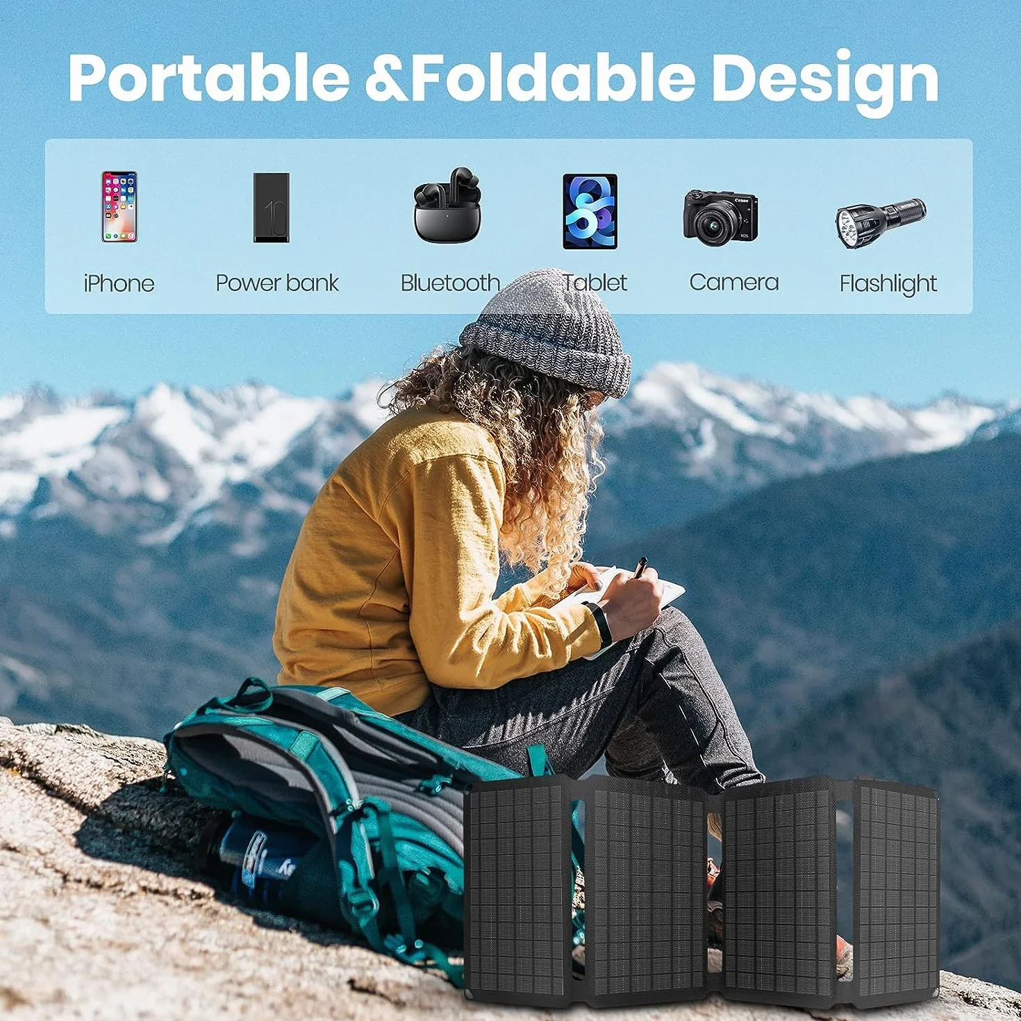 FlexSolar Przenośna ładowarka do paneli słonecznych 30 W, wodoodporny, składany panel słoneczny IP67 z portem USB QC3.0/DC, kompatybilny ze Smarthone, powerbankiem, elektrownią, do aktywności na