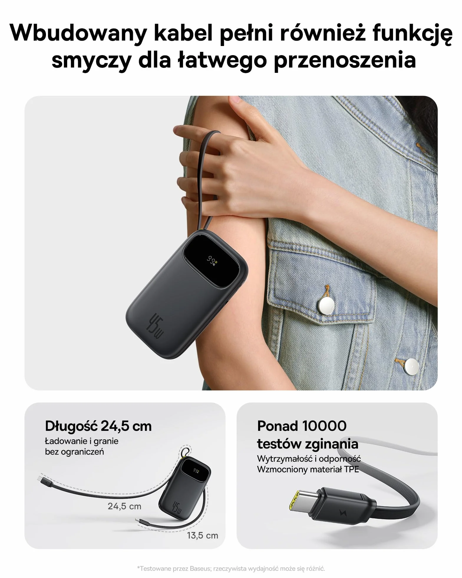 Baseus QPow3 Powerbank 45 W 20 000 mAh 2 wbudowane kable USB-C PD3.0 QC4.0 3 USB C 1 USB A zewnętrzny akumulator