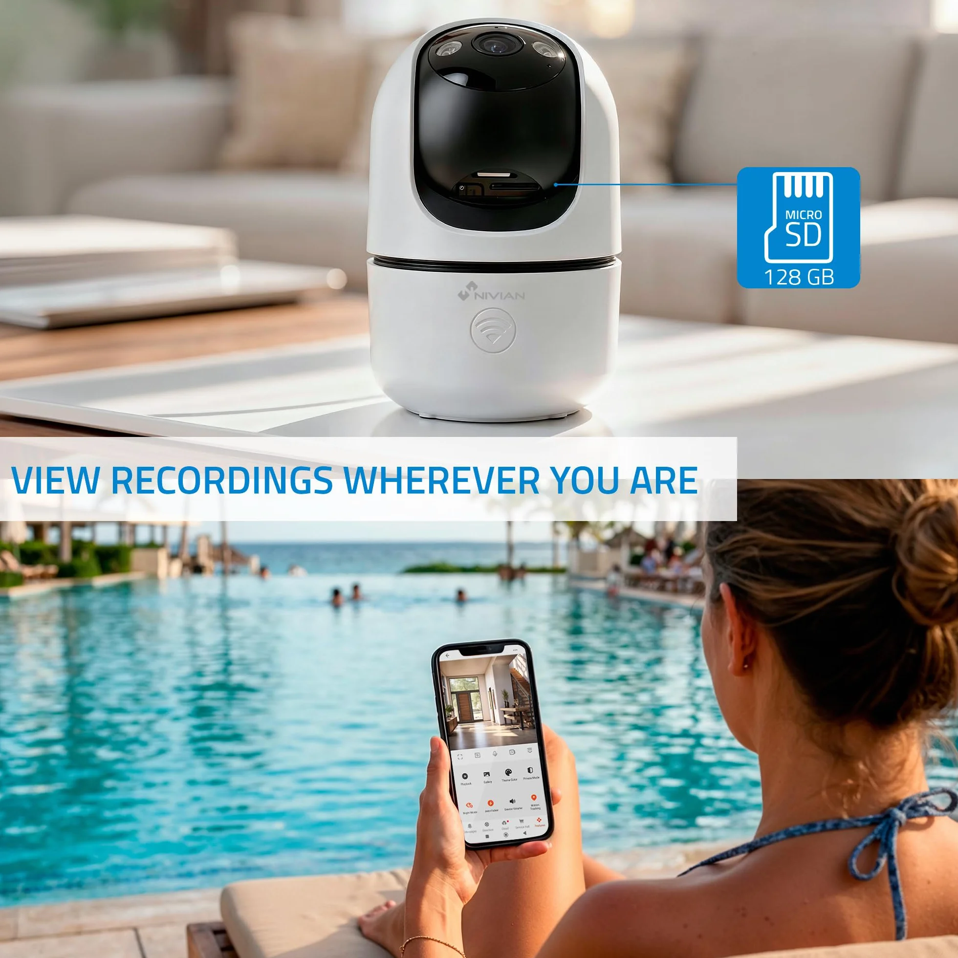 NIVIAN Kamera do monitoringu wewnętrznego 4G karta danych zawiera 3MP SuperHD 2K - Night Vision, Wykrywanie ludzkiej AI, automatyczne śledzenie, dwukierunkowy dźwięk, ruch 350°, kontrola aplikacji