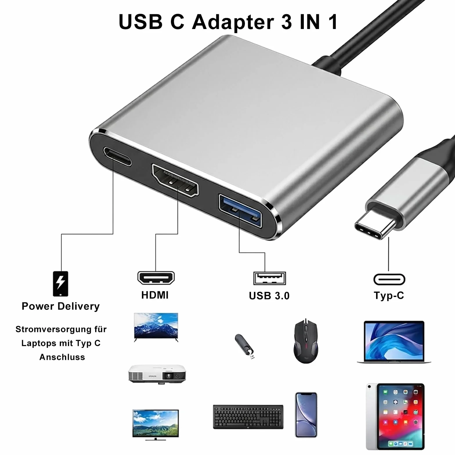 Adapter USB C na HDMI 4K 30 Hz Multiport Hub 100 W PD USB 3.0 do MacBook Pro/Air iPad Pro Samsung S24/S23 Surface HP