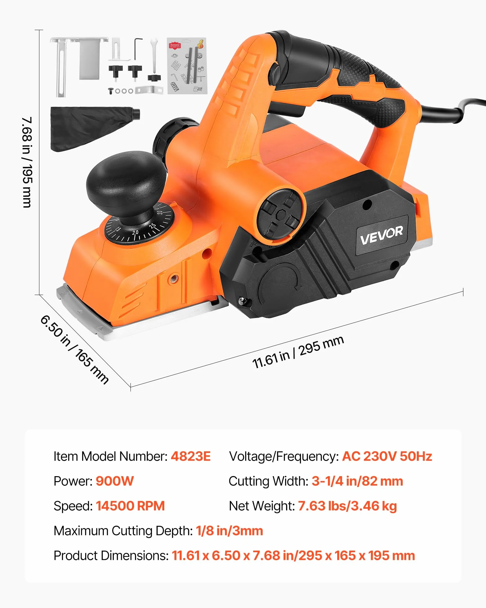 VEVOR Szerokość cięcia strugarki ręcznej 82 mm, przenośna strugarka z kablem 900 W 14500 obr./min do obróbki drewna, głębokość cięcia 3 mm, 2 ostrza, szlifierka ręczna DIY