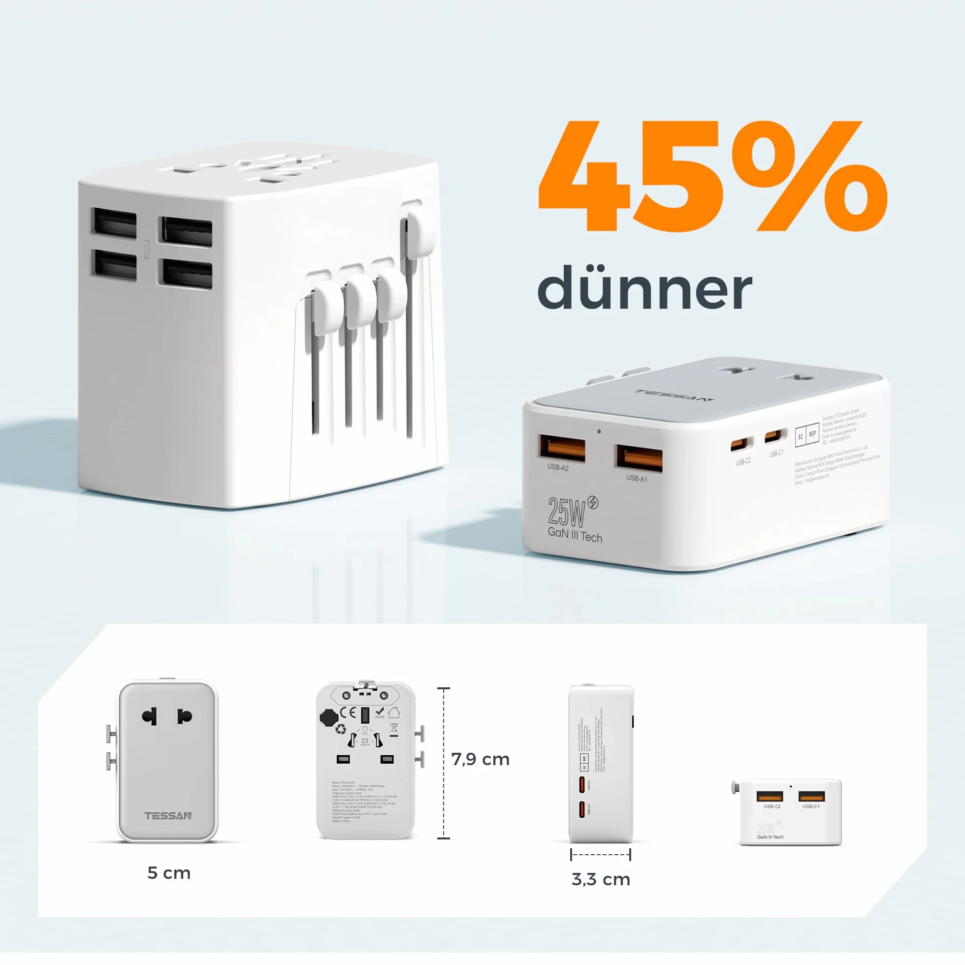 TESSAN Adapter podróżny PD 25W z 2 USB C i 2 USB A, uniwersalny do USA, UK, Japonii, Tajlandii, Australii, Chin