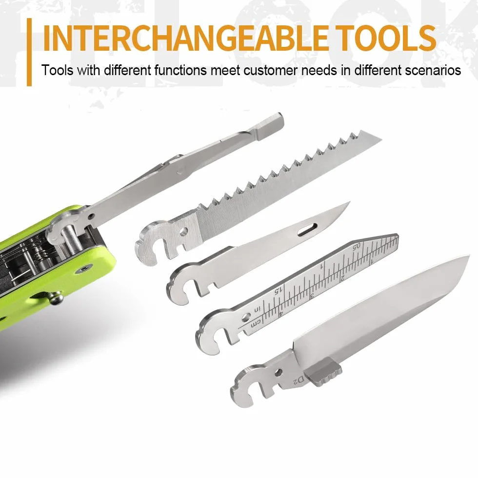 ROXON S503G Flex Companion Tool, modułowe narzędzie kieszonkowe, wstępnie zainstalowane z 8 niezbędnymi narzędziami (śrubokręt 1/4", ostrze D2, śrubokręt, piła stożkowa, nożyce itp.) (kolor neonowy)