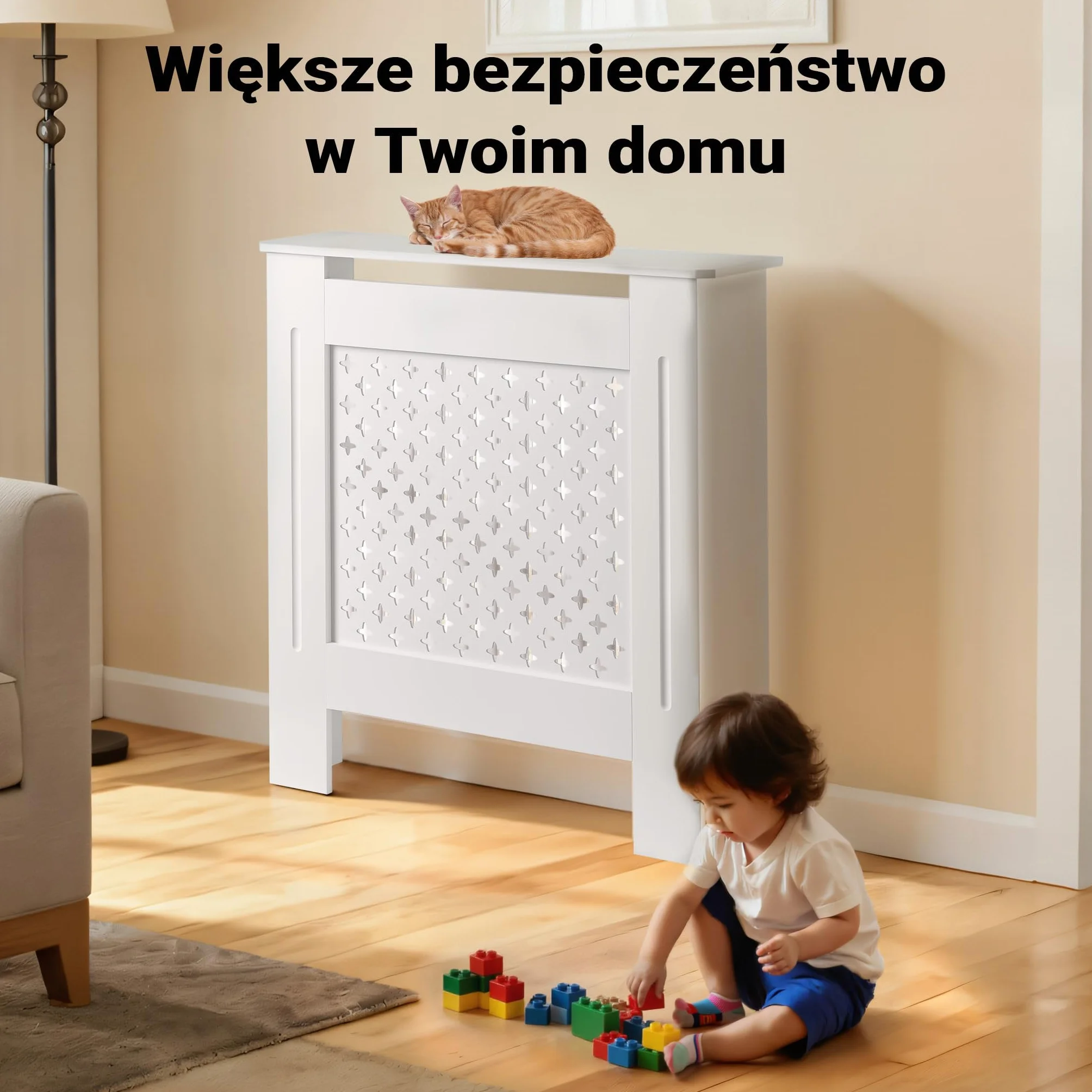 Osłona na kaloryfer biała 78 x 19 x 82 cm, maskownica na grzejnik z płyty MDF, drewniana obudowa kaloryfera, elegancka zabudowa grzejnika